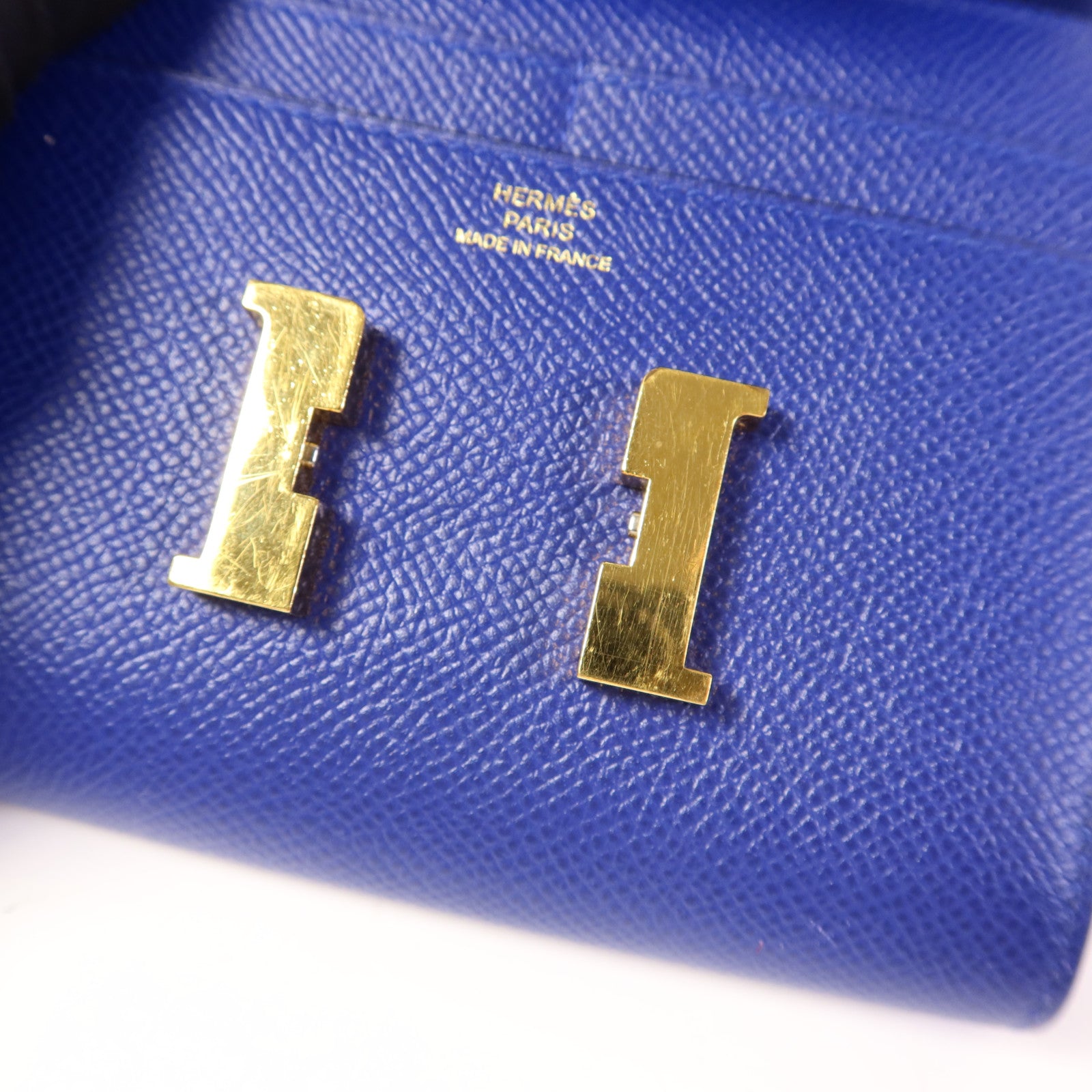 HERMES Epsom皮革Constance Short Wallet金扣錢包Bleu Electrique
