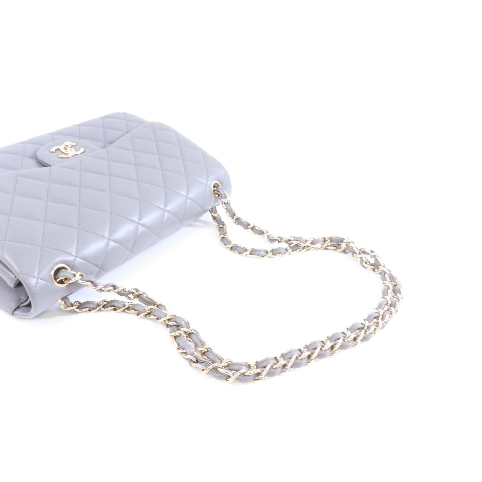 CHANEL 菱格羊皮皮革Classic金扣鏈帶肩背袋灰色