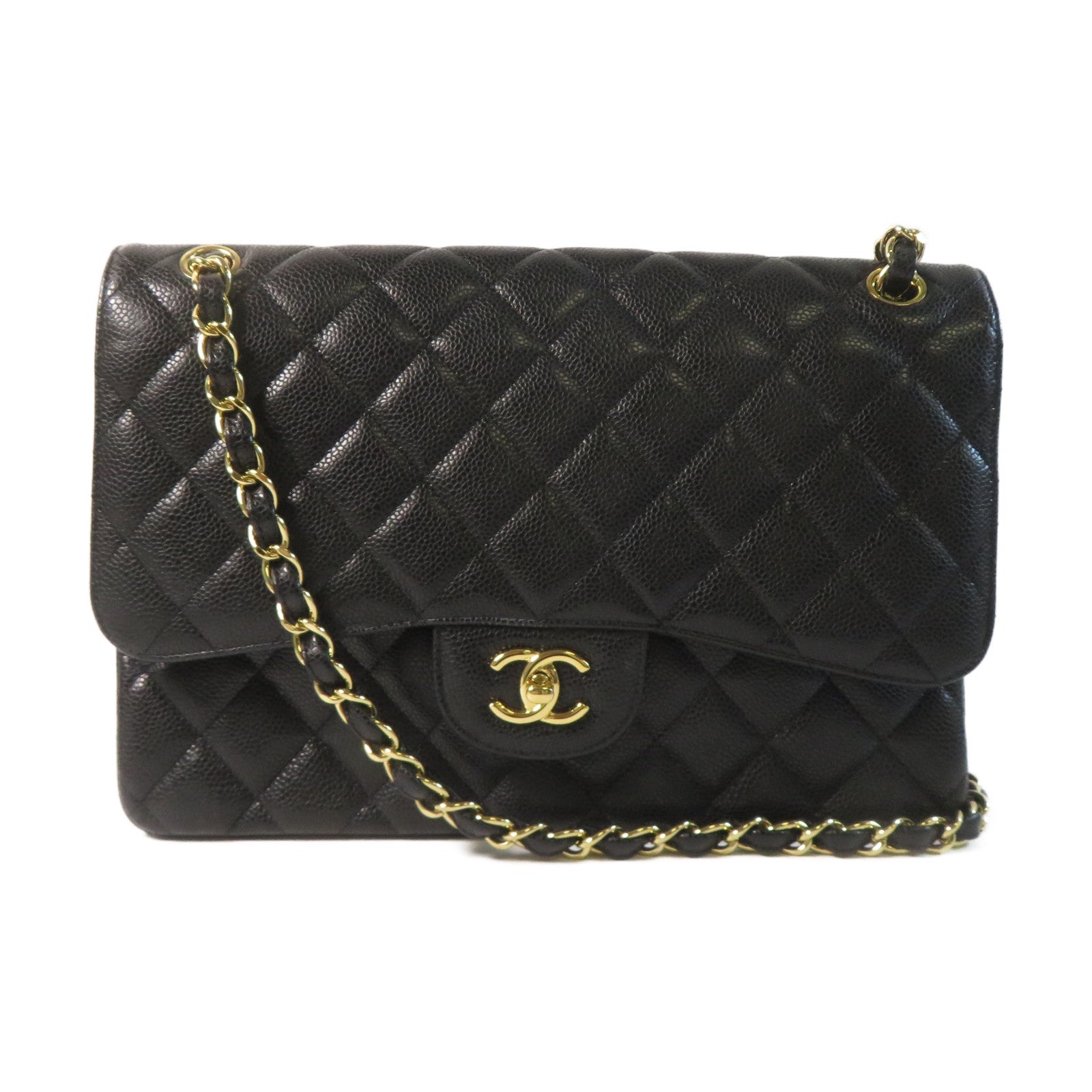CHANEL 【激減優惠】菱格Caviar皮革Classic Jumbo金扣鏈帶肩背袋黑色