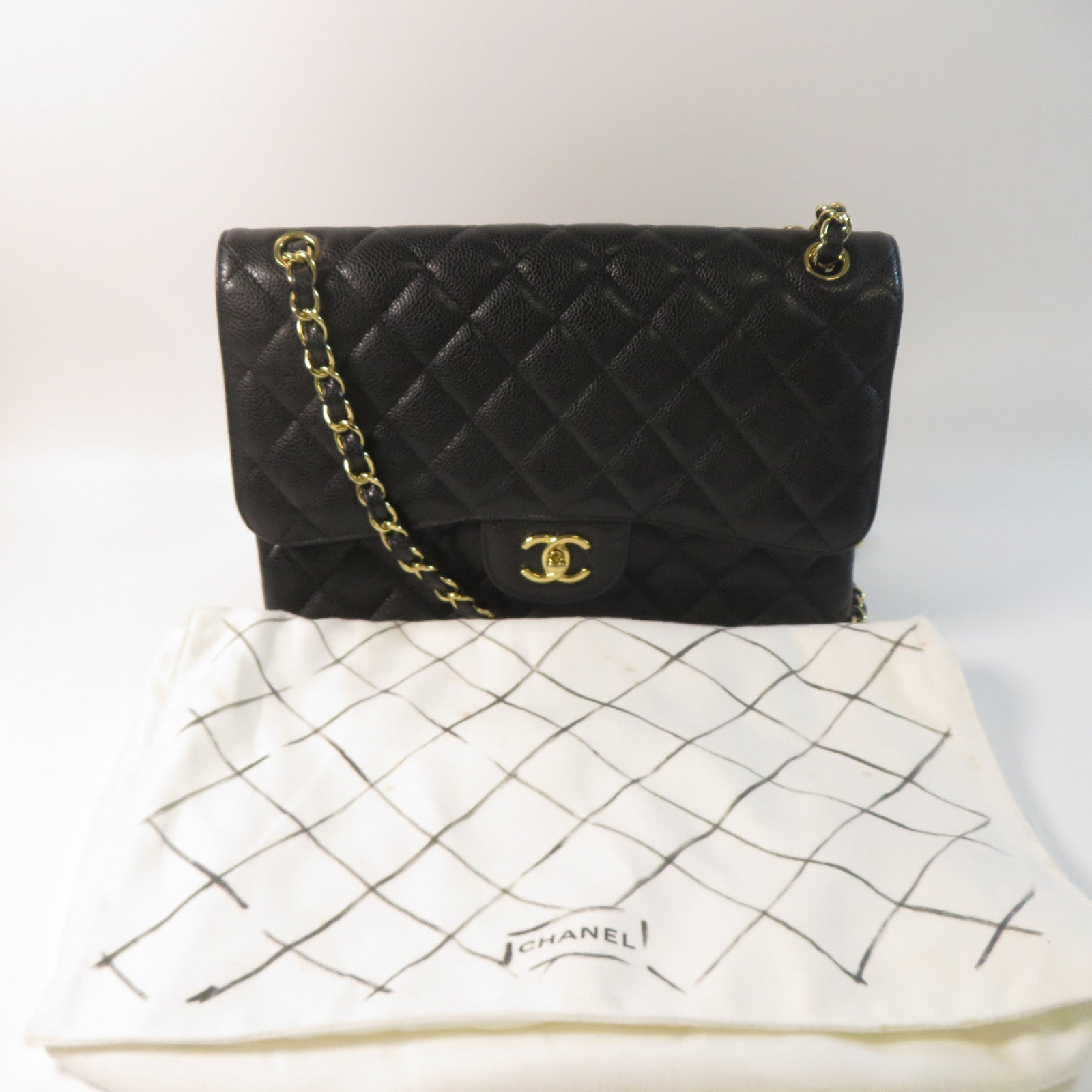 CHANEL 【激減優惠】菱格Caviar皮革Classic Jumbo金扣鏈帶肩背袋黑色
