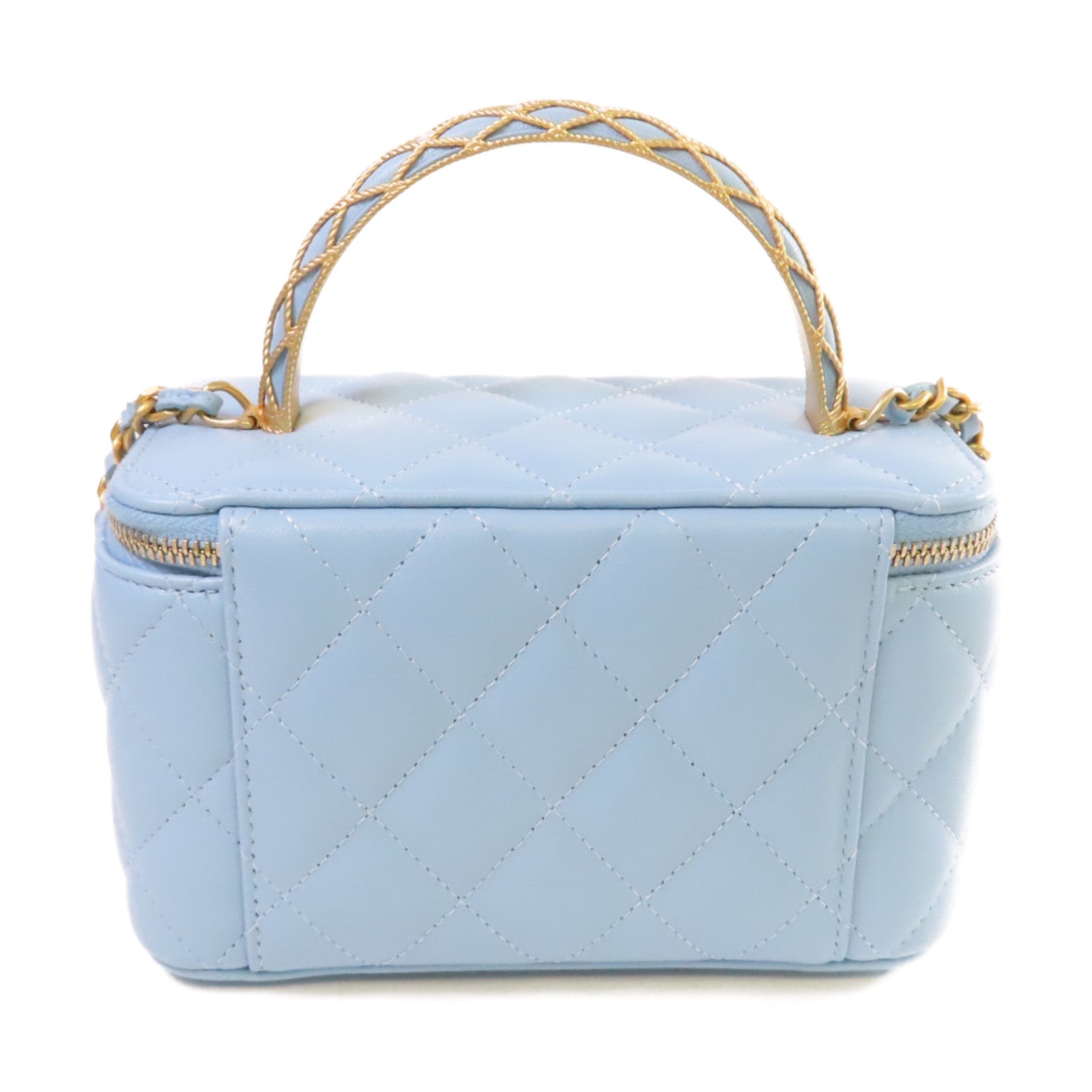 CHANEL 菱格羊皮皮革Vanity Case Chain Shoulder Bag金扣鏈帶肩背袋淺藍色