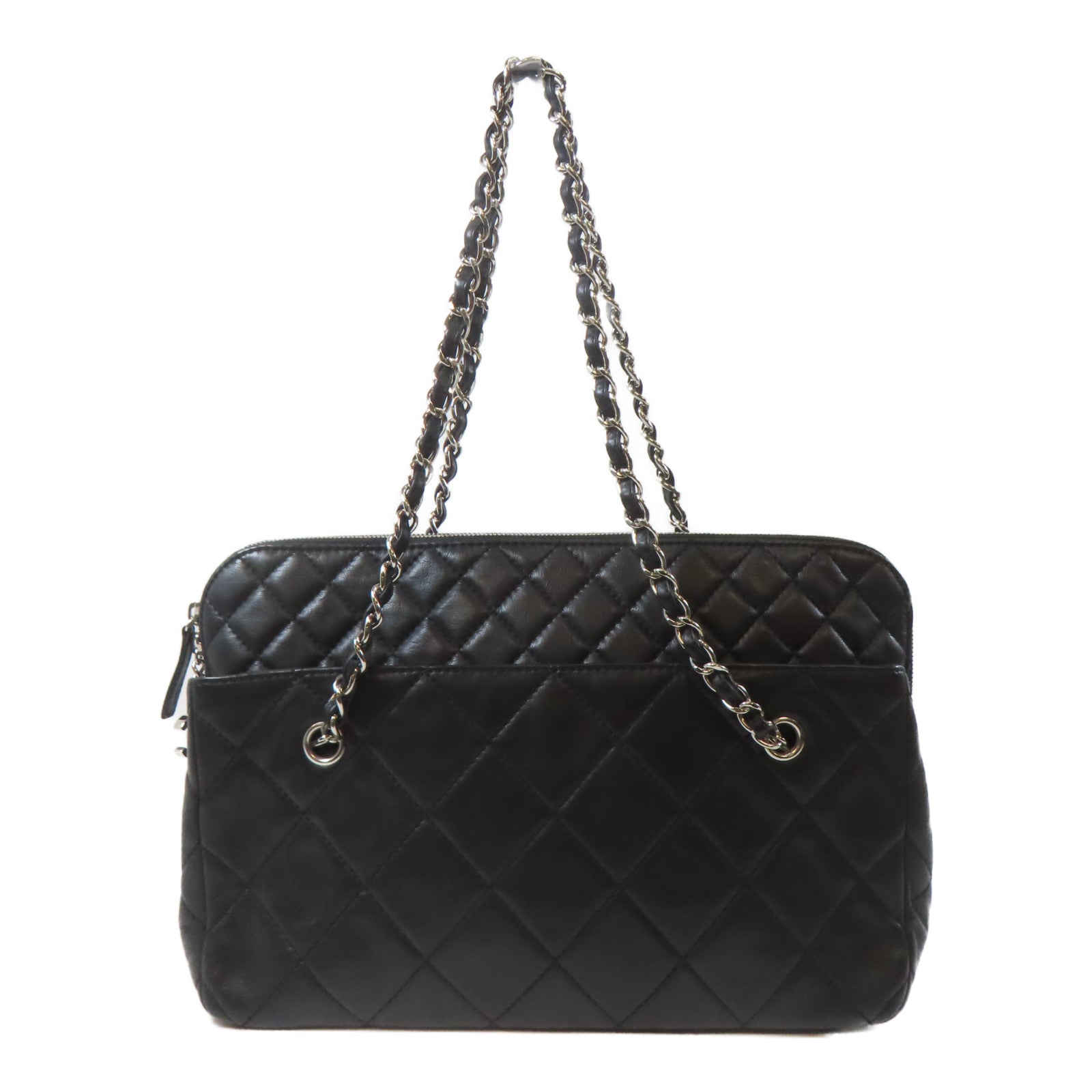 CHANEL 菱格羊皮皮革Chain Shoulder Bag銀扣鏈帶肩背袋黑色