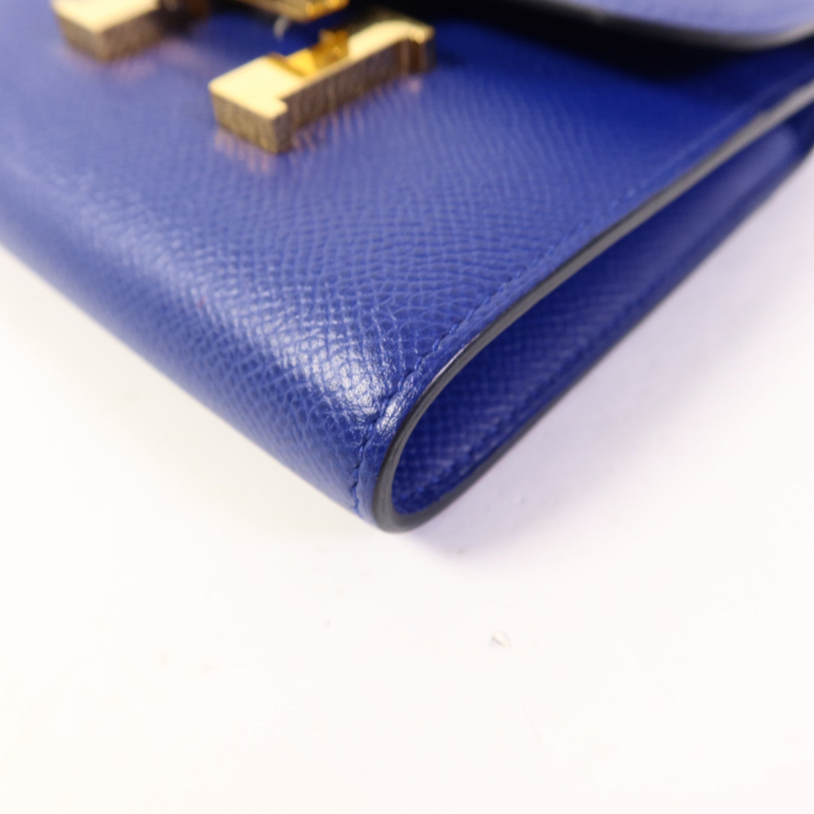 HERMES Epsom皮革Constance Short Wallet金扣錢包Bleu Electrique