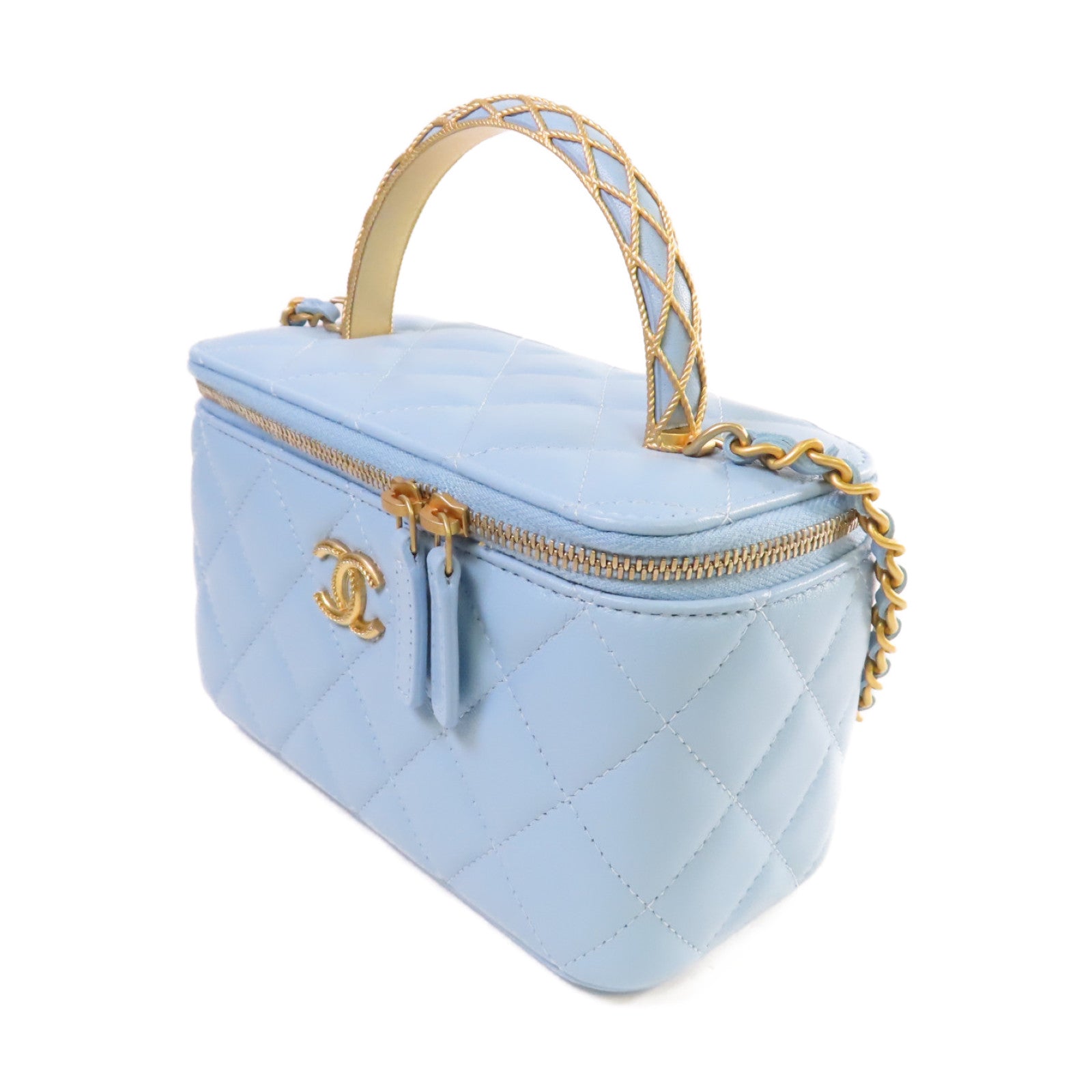 CHANEL 菱格羊皮皮革Vanity Case Chain Shoulder Bag金扣鏈帶肩背袋淺藍色
