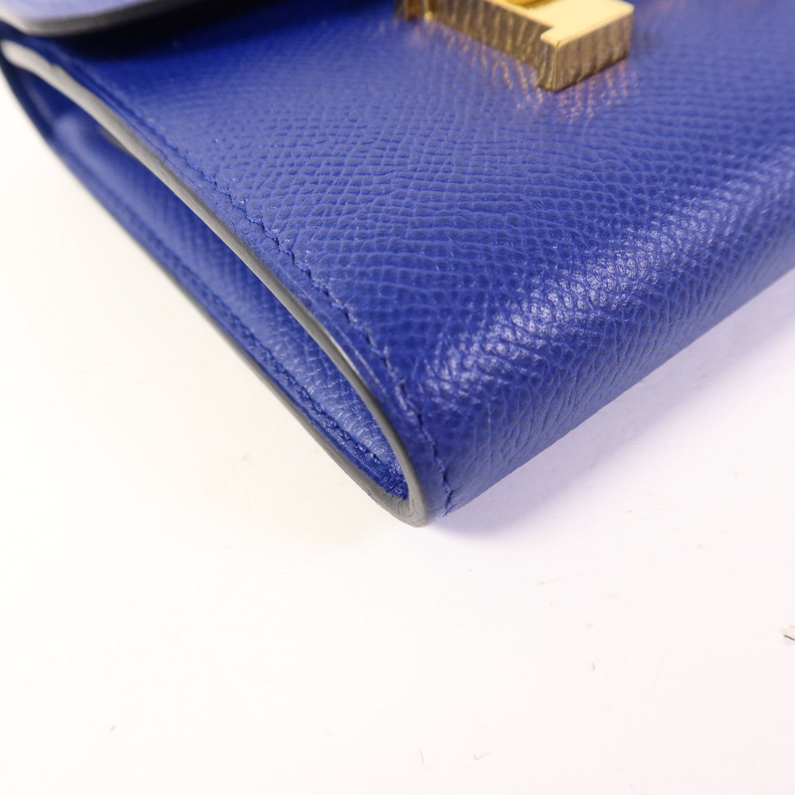 HERMES Epsom皮革Constance Short Wallet金扣錢包Bleu Electrique