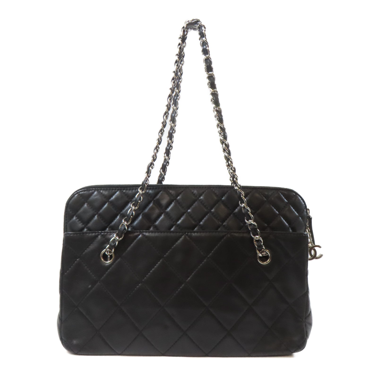 CHANEL 菱格羊皮皮革Chain Shoulder Bag銀扣鏈帶肩背袋黑色