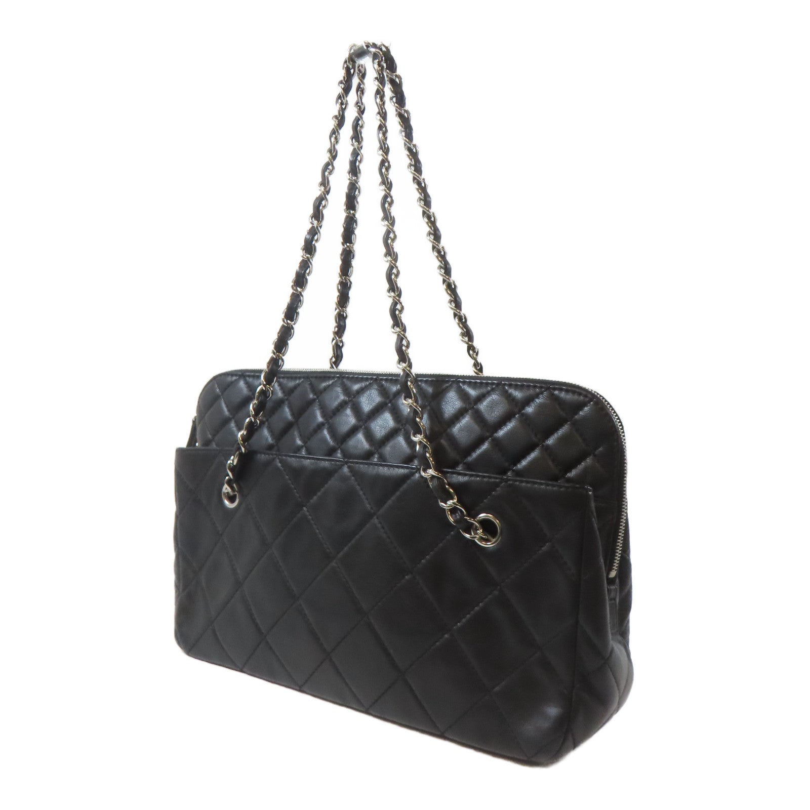 CHANEL 菱格羊皮皮革Chain Shoulder Bag銀扣鏈帶肩背袋黑色