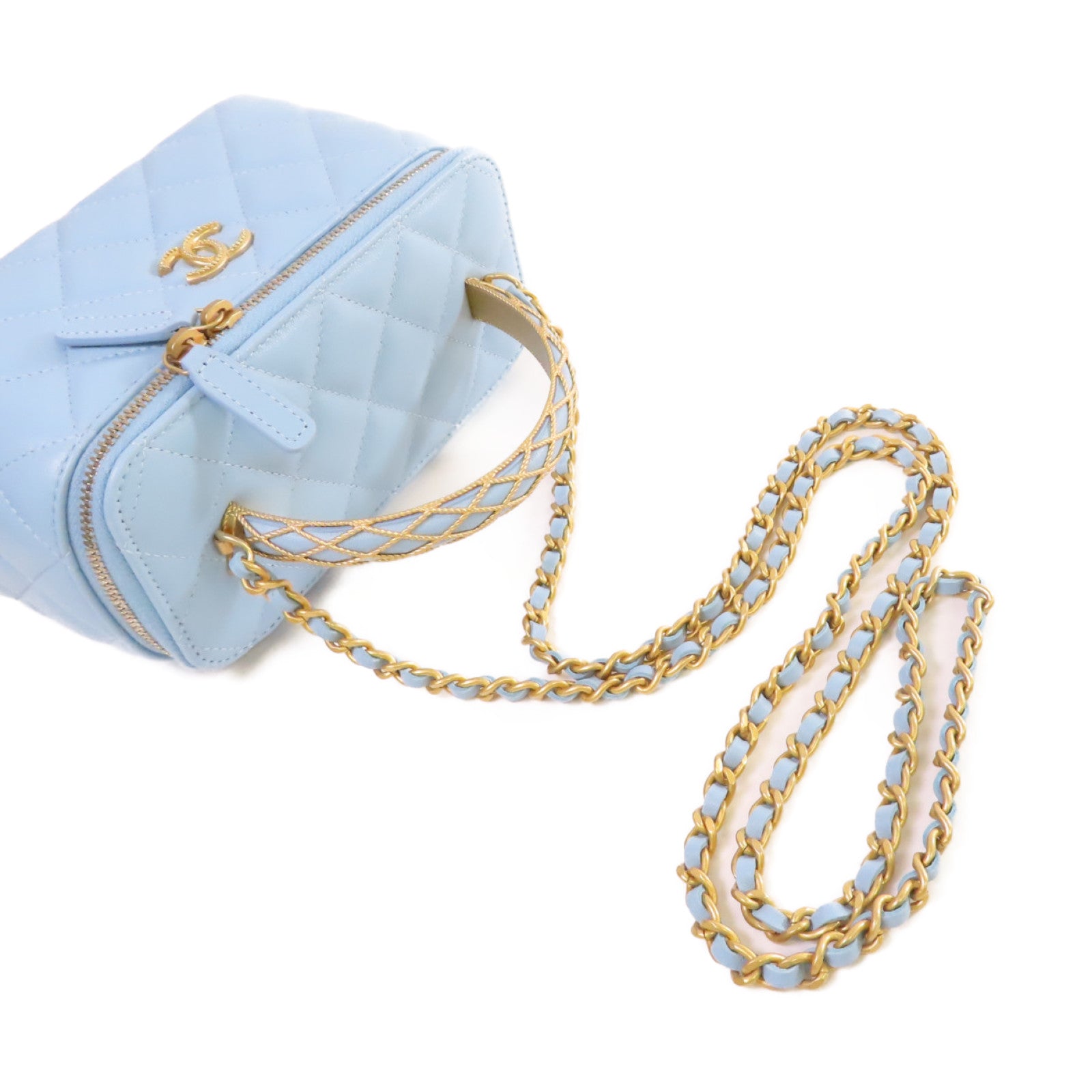 CHANEL 菱格羊皮皮革Vanity Case Chain Shoulder Bag金扣鏈帶肩背袋淺藍色