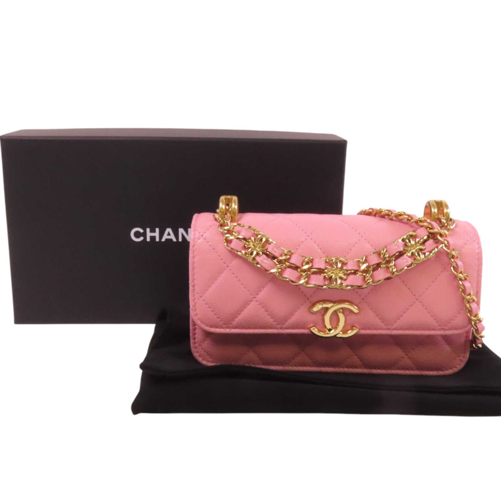 CHANEL 牛皮皮革Chain Shoulder Bag金扣鏈帶手挽肩背兩用袋