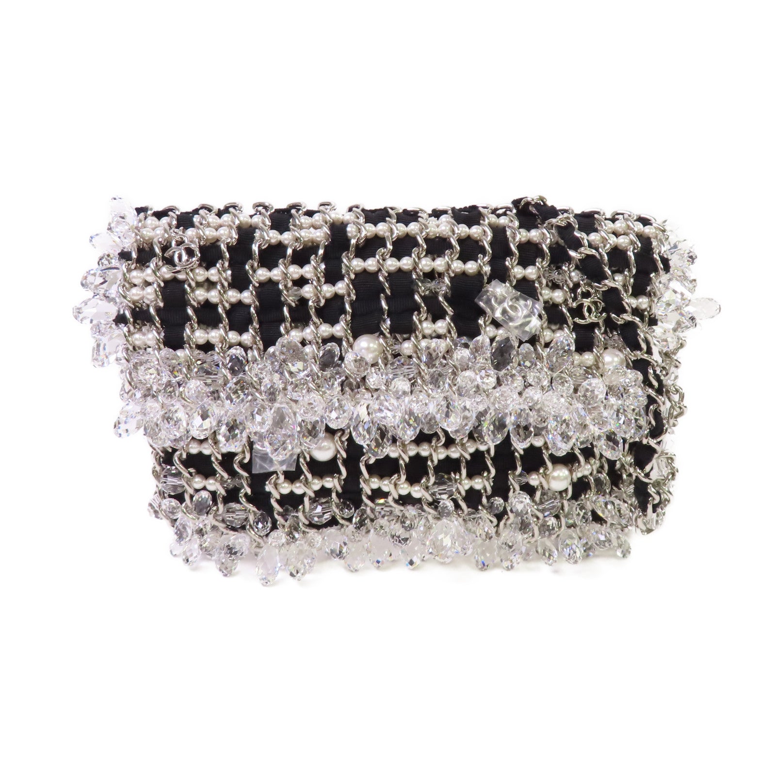 CHANEL 仿珍珠/帆布/水晶Chain Shoulder Bag銀扣鏈帶肩背袋黑色/珍珠色