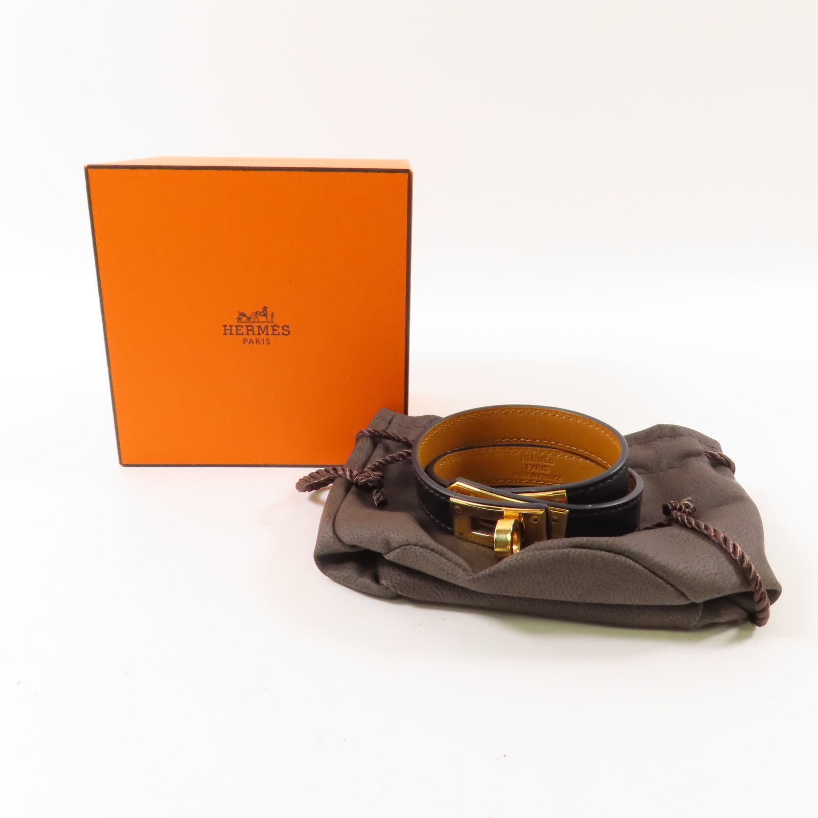 HERMES 牛皮皮革Kelly Double Tour金扣手鐲Noir/黑色