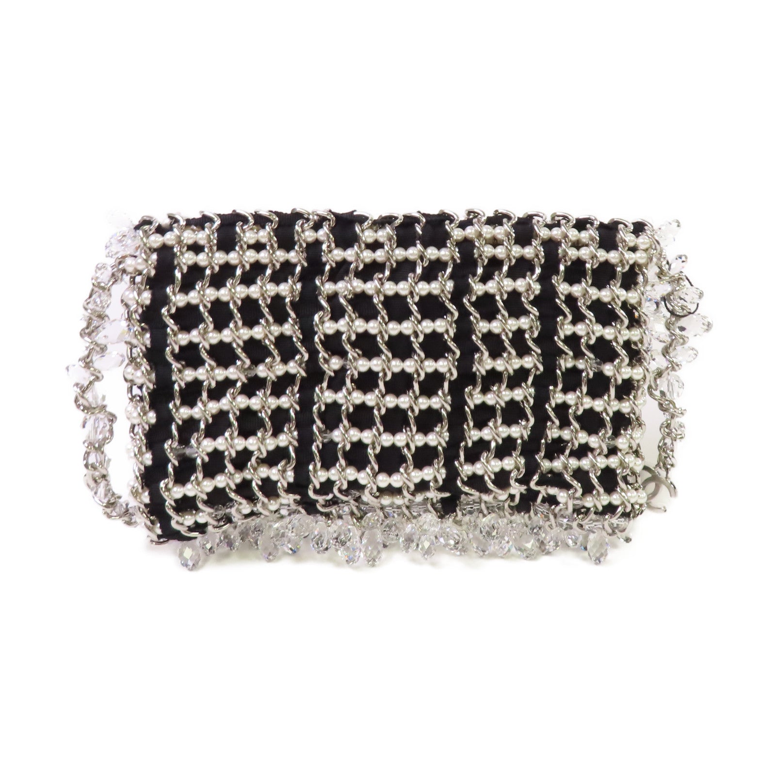 CHANEL 仿珍珠/帆布/水晶Chain Shoulder Bag銀扣鏈帶肩背袋黑色/珍珠色