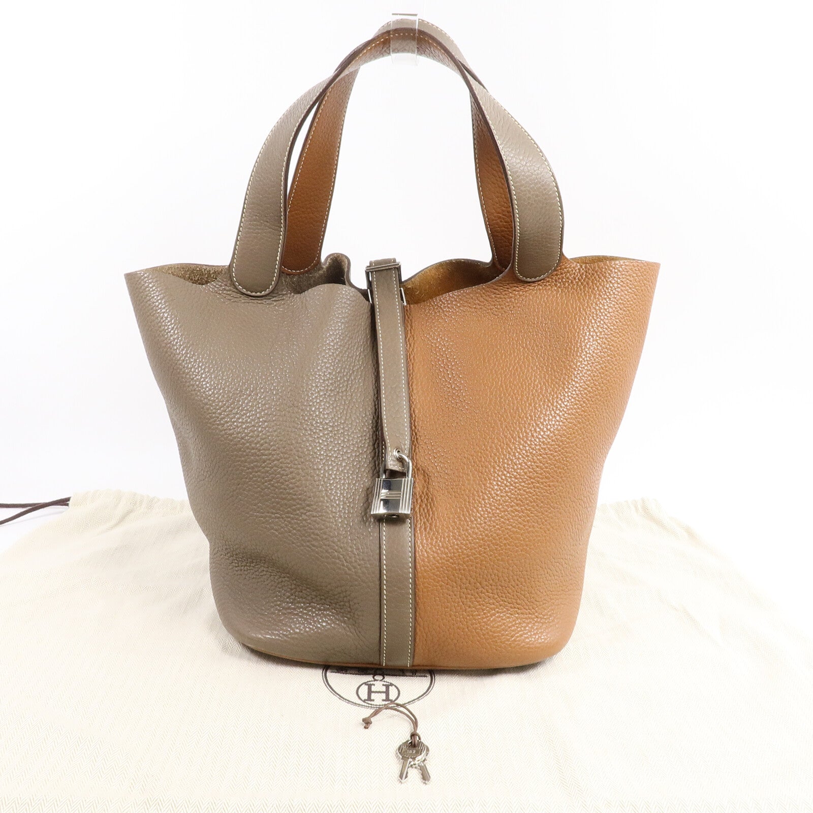 HERMES Clemence皮革Picotin GM手挽袋Étoupe/Gold