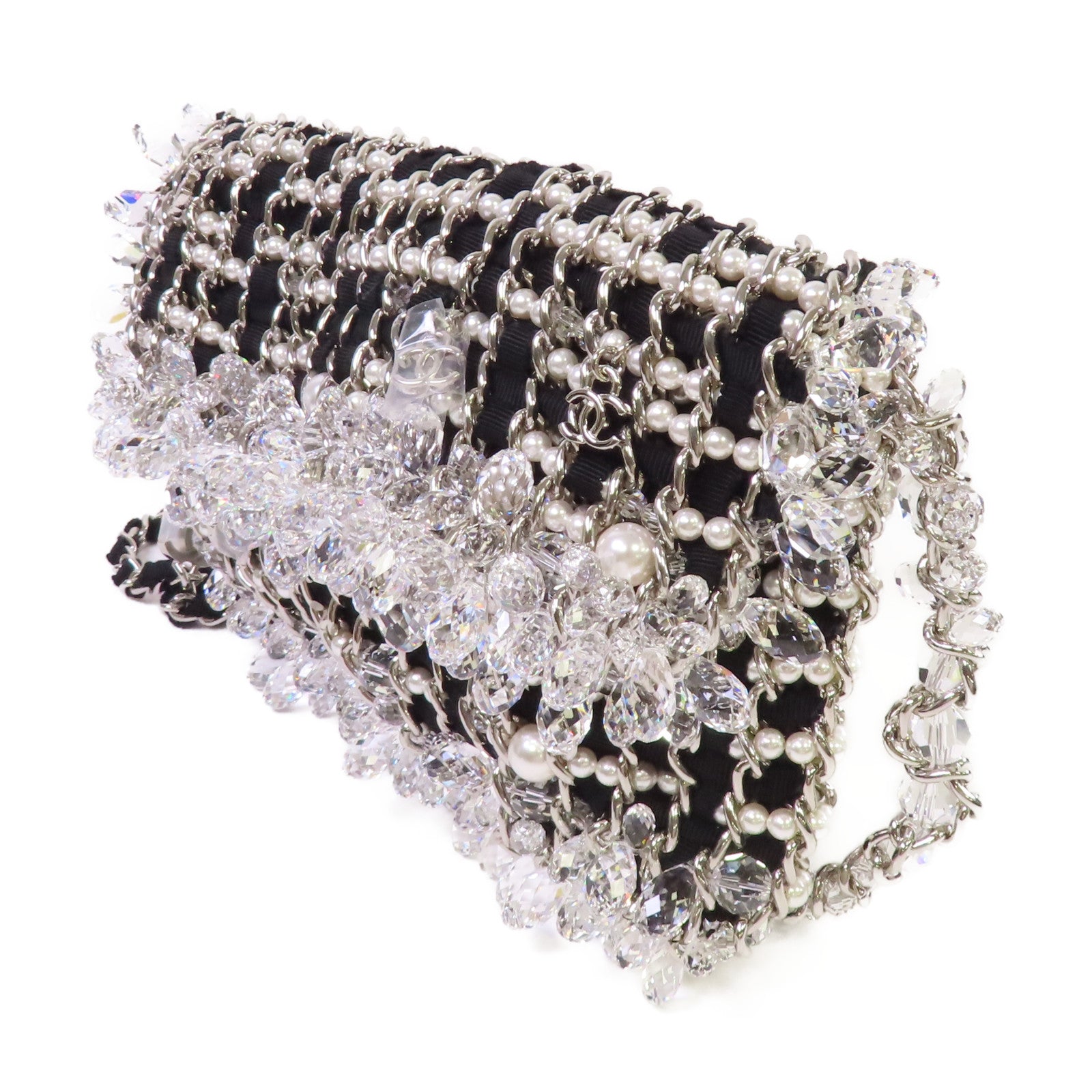 CHANEL 仿珍珠/帆布/水晶Chain Shoulder Bag銀扣鏈帶肩背袋黑色/珍珠色