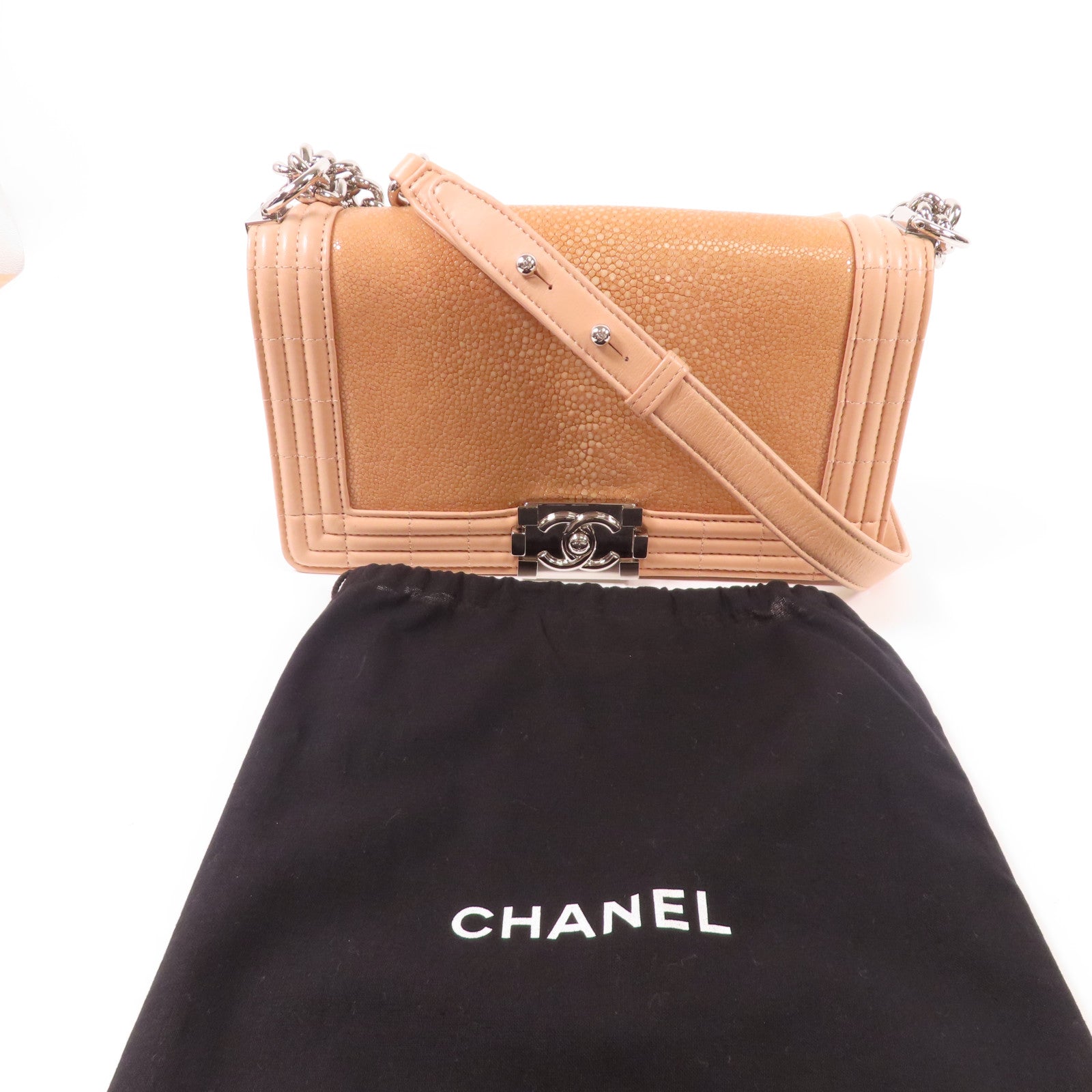 CHANEL 魔鬼魚皮革/皮革Boy 25銀扣鏈帶肩背袋