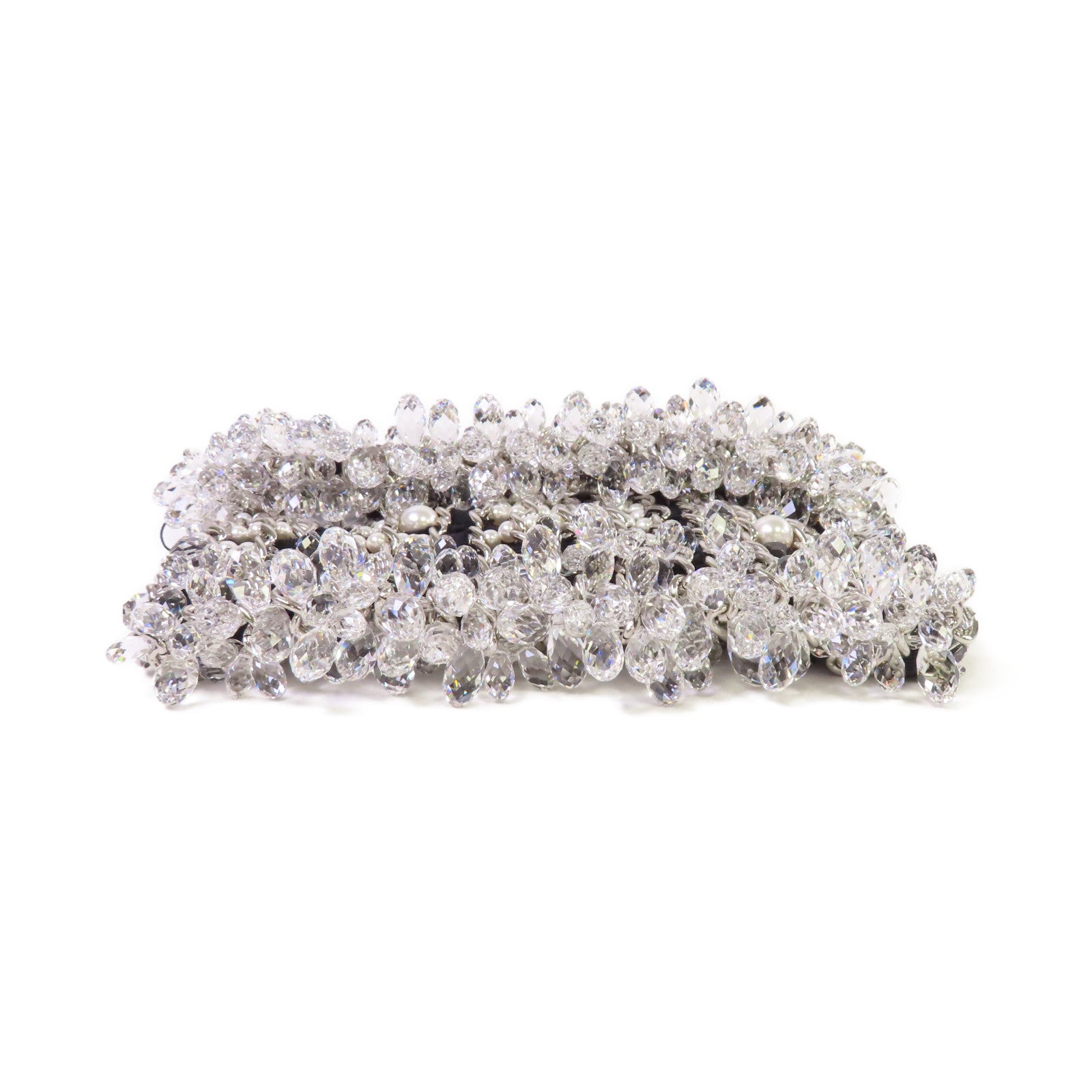 CHANEL 仿珍珠/帆布/水晶Chain Shoulder Bag銀扣鏈帶肩背袋黑色/珍珠色
