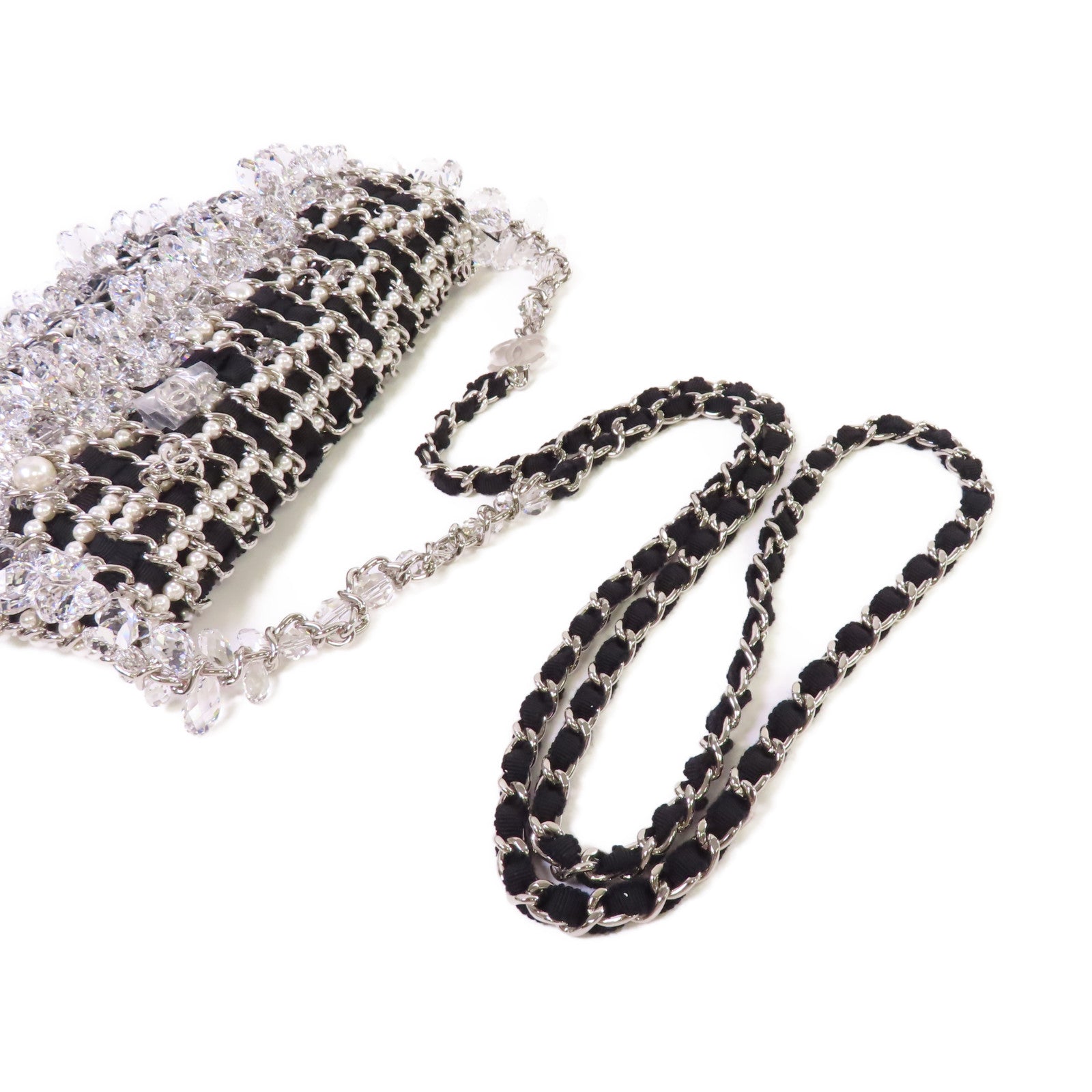 CHANEL 仿珍珠/帆布/水晶Chain Shoulder Bag銀扣鏈帶肩背袋黑色/珍珠色