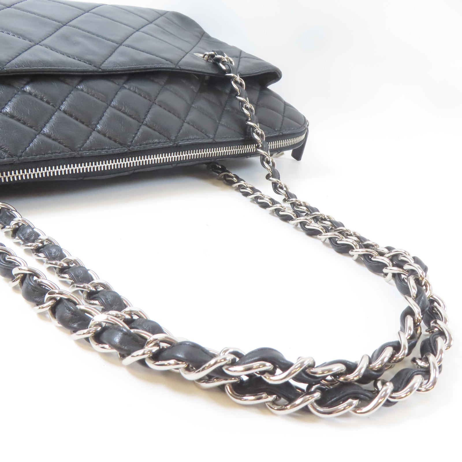 CHANEL 菱格羊皮皮革Chain Shoulder Bag銀扣鏈帶肩背袋黑色