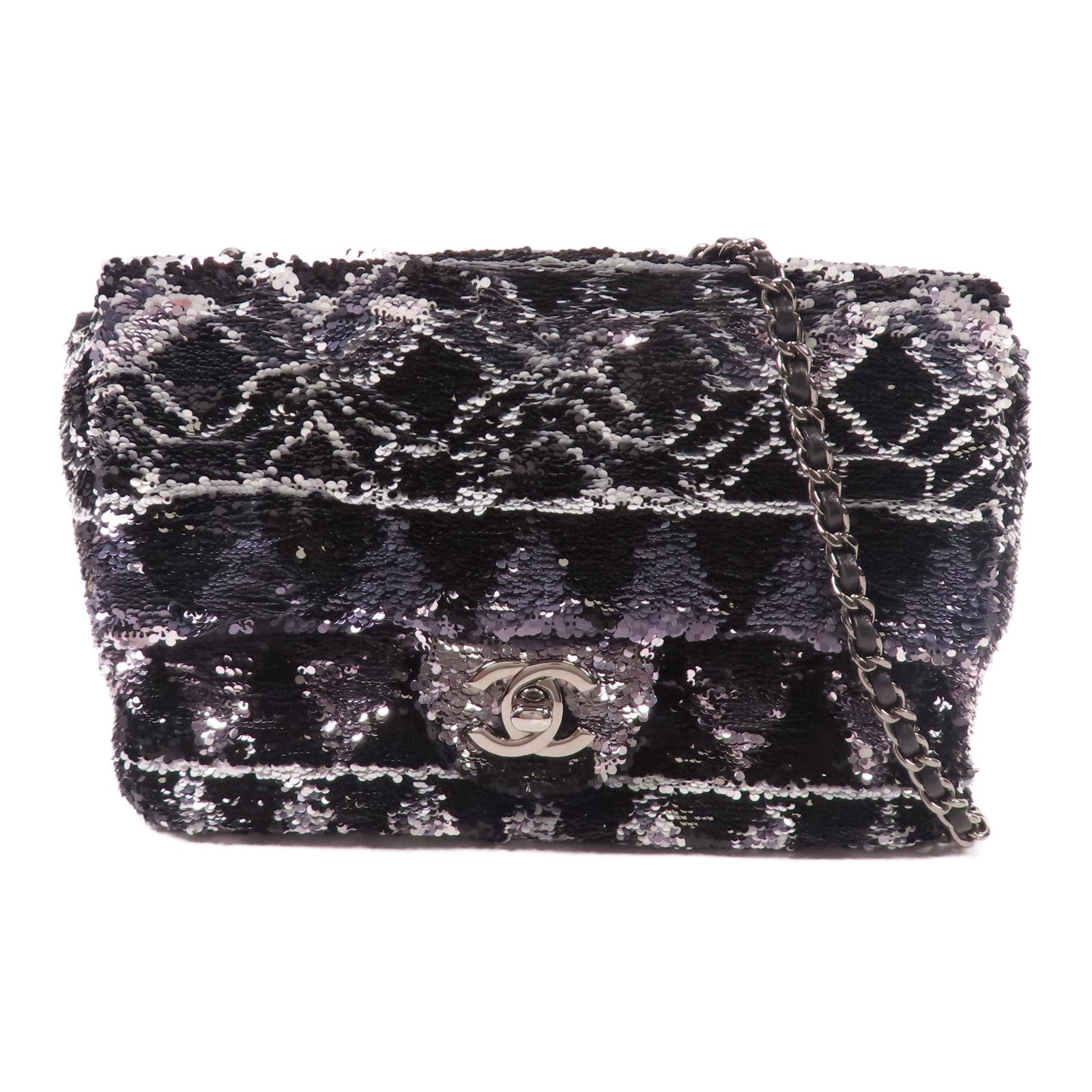 CHANEL 珠片Sequin Flag Bag銀扣鏈帶肩背袋