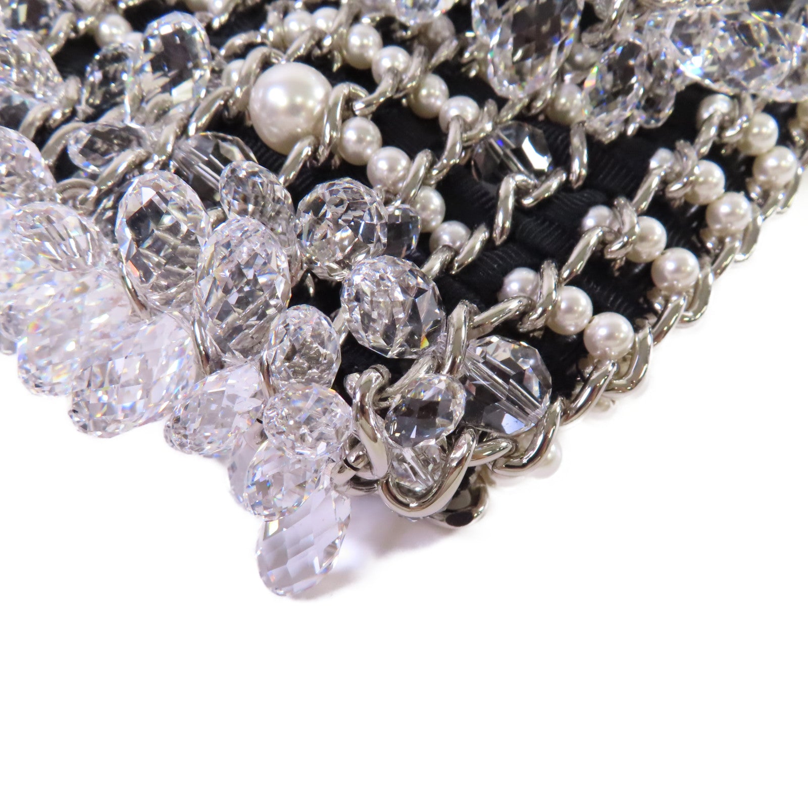 CHANEL 仿珍珠/帆布/水晶Chain Shoulder Bag銀扣鏈帶肩背袋黑色/珍珠色