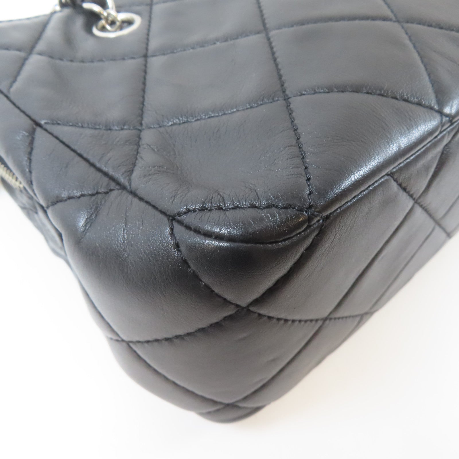 CHANEL 菱格羊皮皮革Chain Shoulder Bag銀扣鏈帶肩背袋黑色