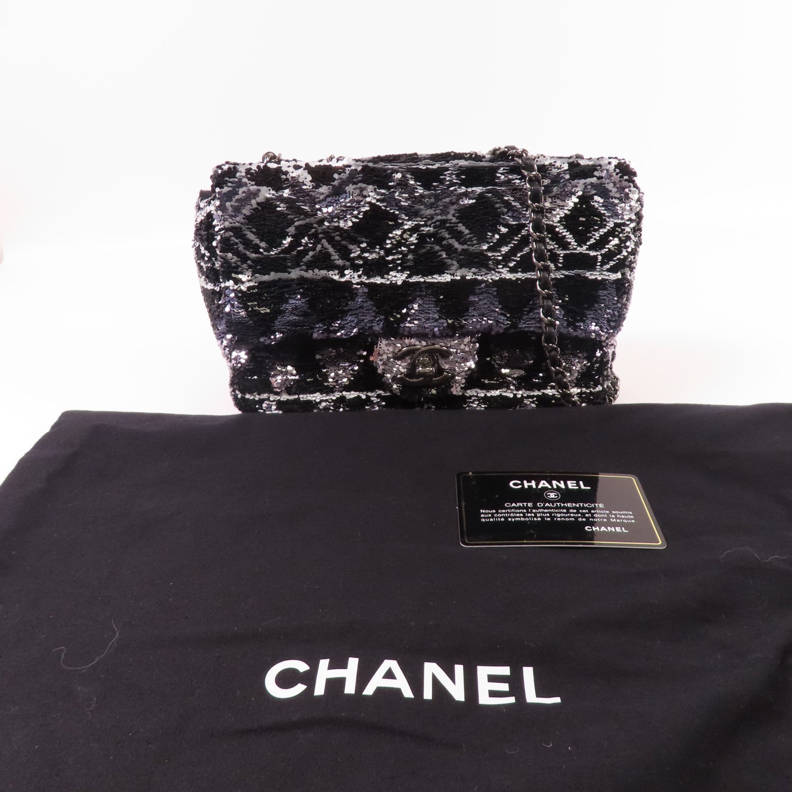 CHANEL 【激減優惠】珠片Sequin Flag Bag銀扣鏈帶肩背袋