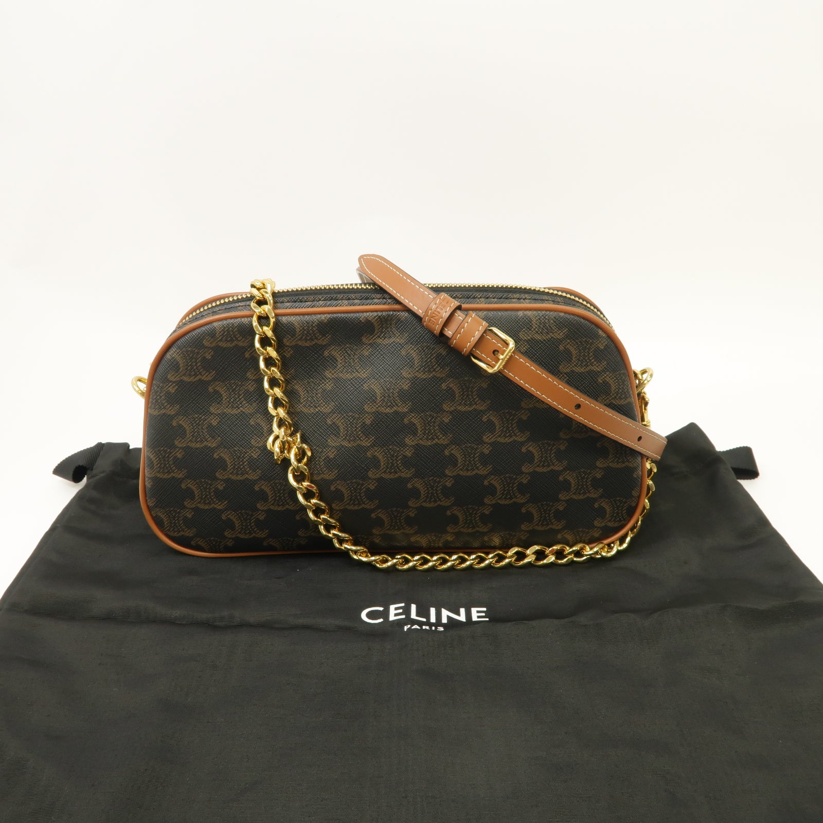 CELINE 牛皮皮革/帆布Triomphe Shoulder 2 Way Bag金扣手挽肩背兩用袋