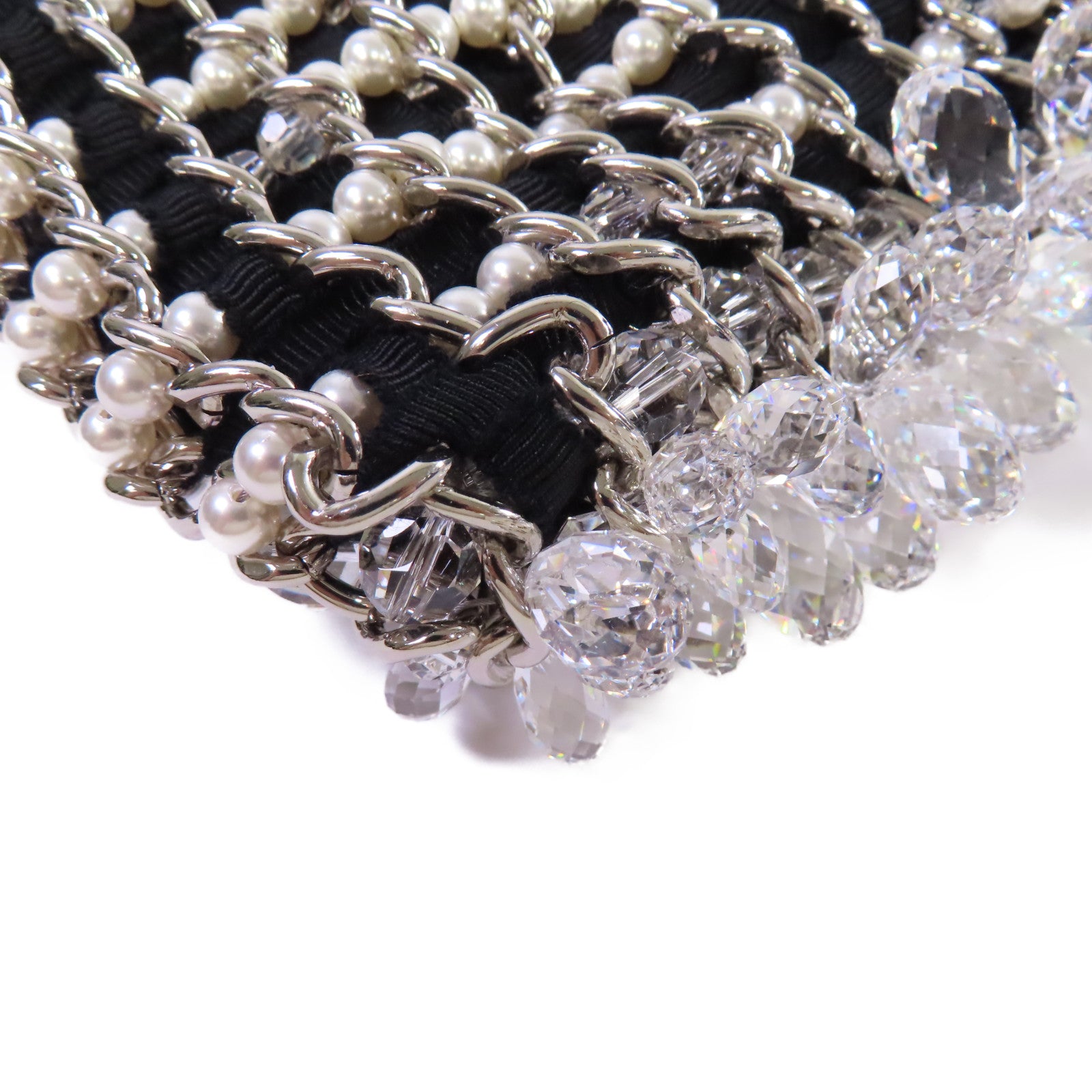 CHANEL 仿珍珠/帆布/水晶Chain Shoulder Bag銀扣鏈帶肩背袋黑色/珍珠色