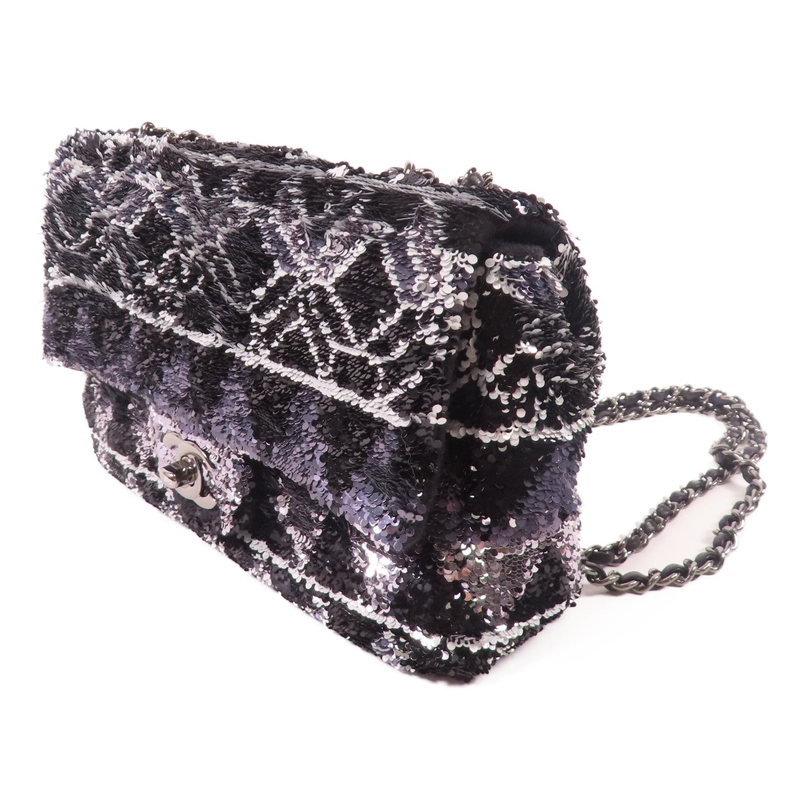 CHANEL 珠片Sequin Flag Bag銀扣鏈帶肩背袋