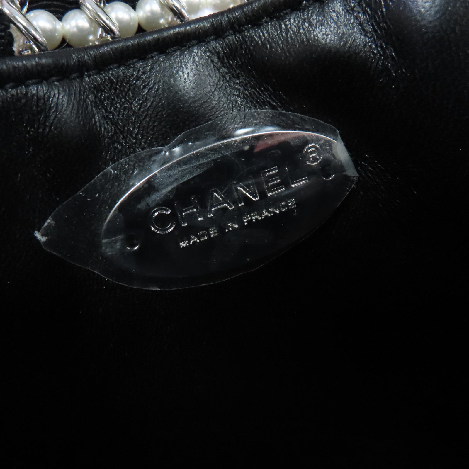 CHANEL 仿珍珠/帆布/水晶Chain Shoulder Bag銀扣鏈帶肩背袋黑色/珍珠色