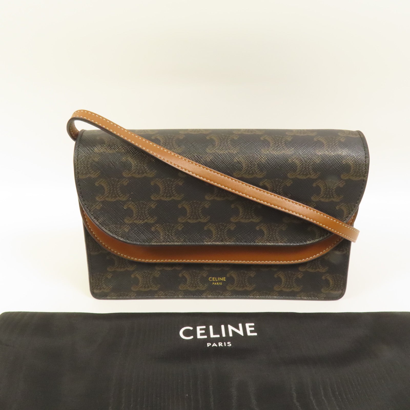 CELINE 塗層帆布Tripmphe Wallet On Strap金扣肩背袋