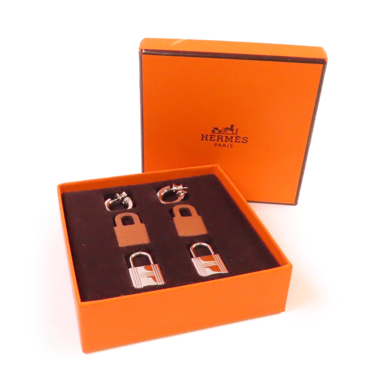 HERMES 【激減優惠】Swift皮革/金屬O'Kelly Earrings耳環銀色/啡色