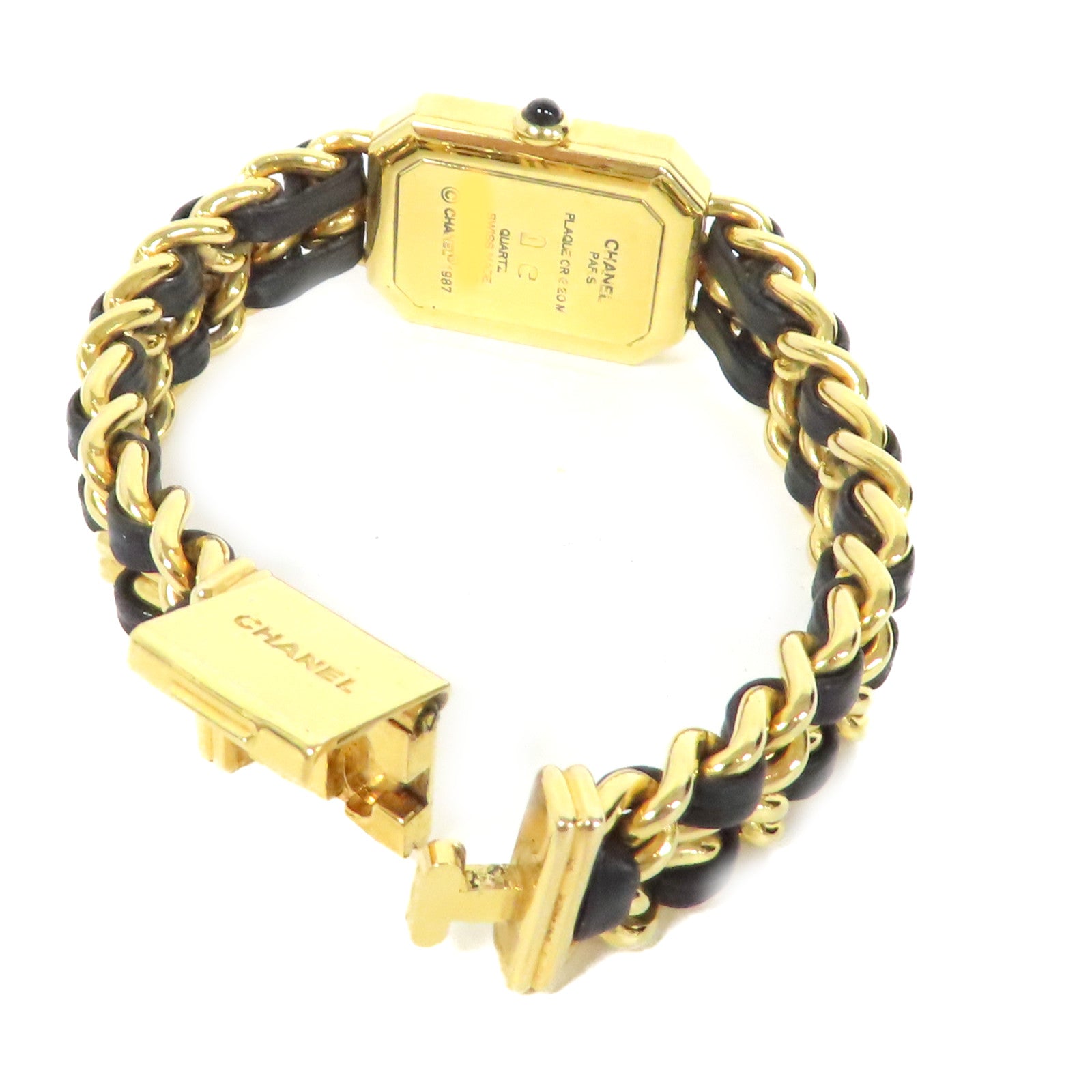CHANEL Premiere L Watch/不鏽鋼/鍍金/皮帶金扣石英機芯手錶黑色/金色