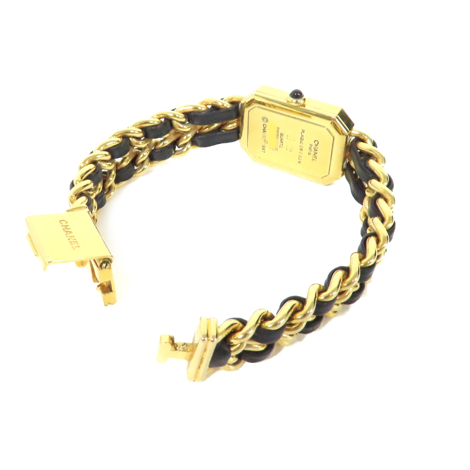 CHANEL Premiere L Watch/不鏽鋼/鍍金/皮帶金扣石英機芯手錶黑色/金色