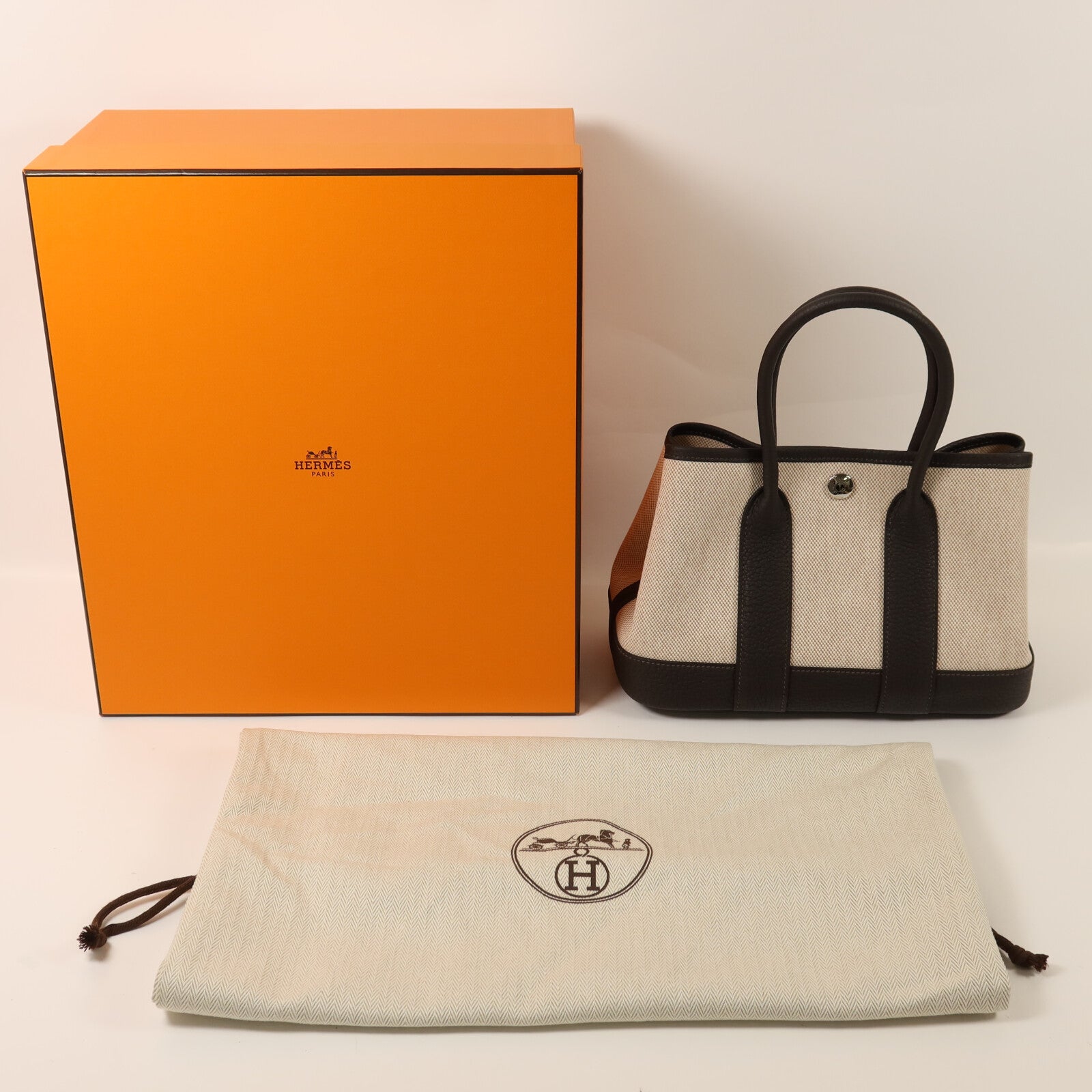 HERMES Toile H帆布Mini Garden Party銀扣手挽袋Ebene