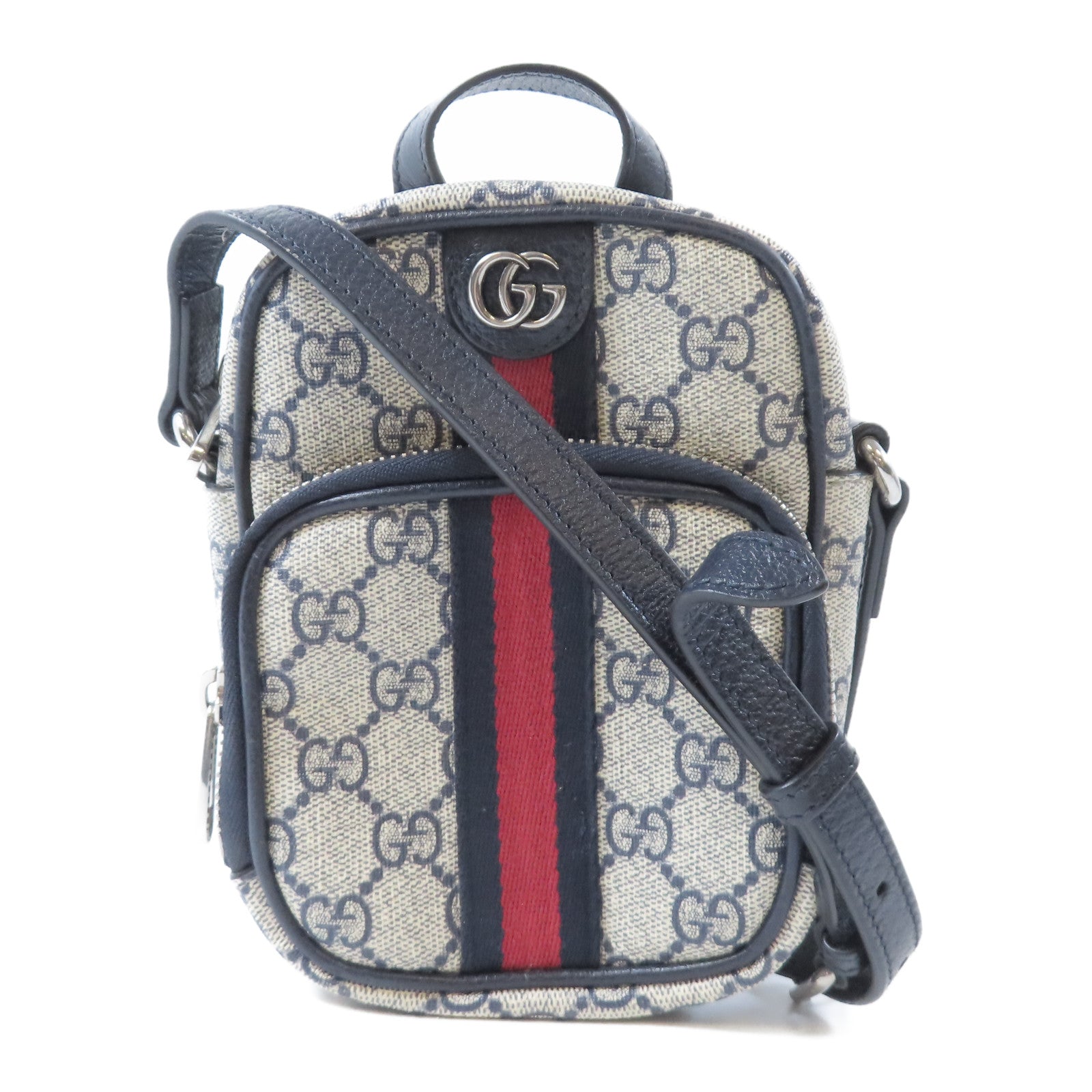 GUCCI 【激減優惠】塗層帆布Shoulder Bag銀扣手挽肩背兩用袋深藍色/米色