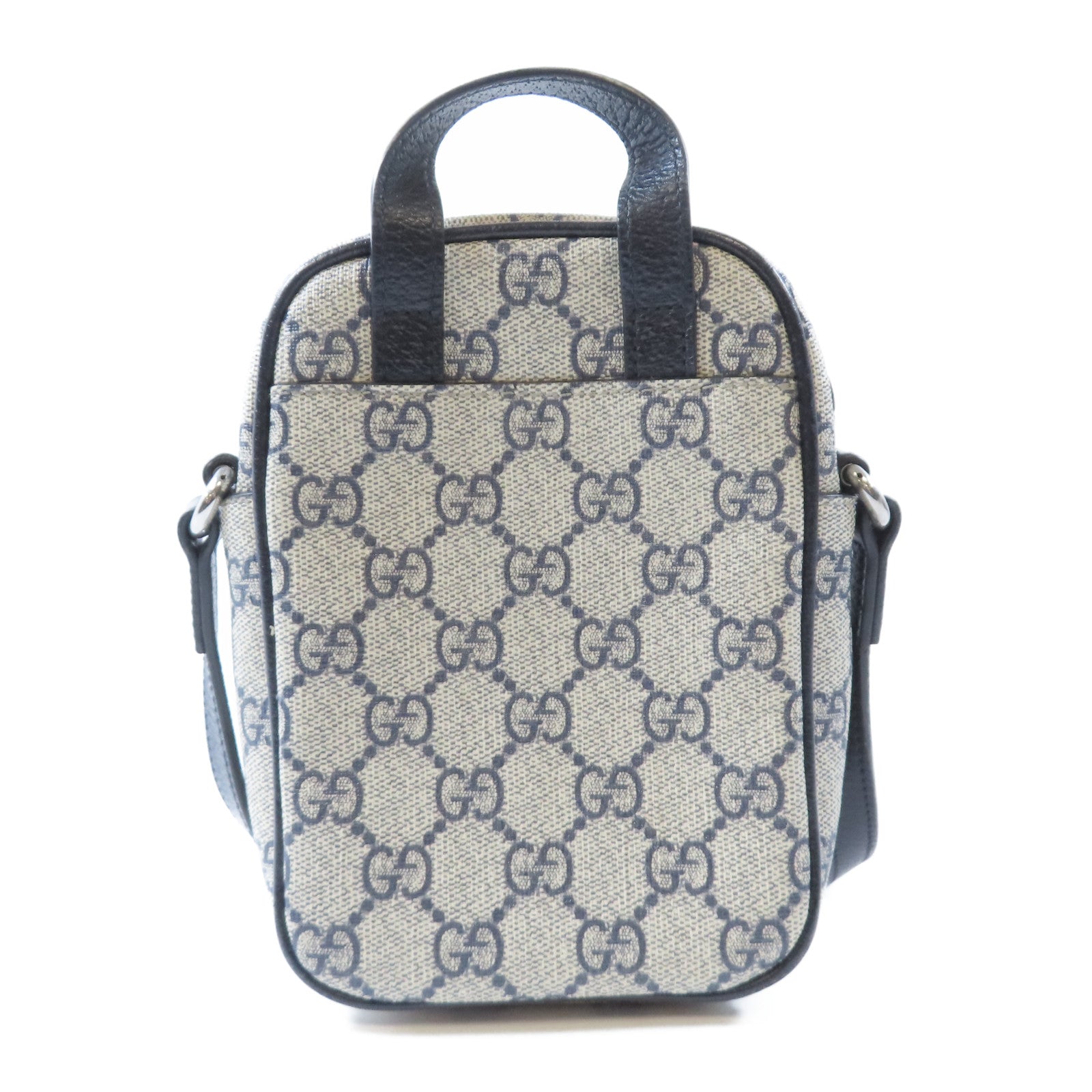 GUCCI 【激減優惠】塗層帆布Shoulder Bag銀扣手挽肩背兩用袋深藍色/米色