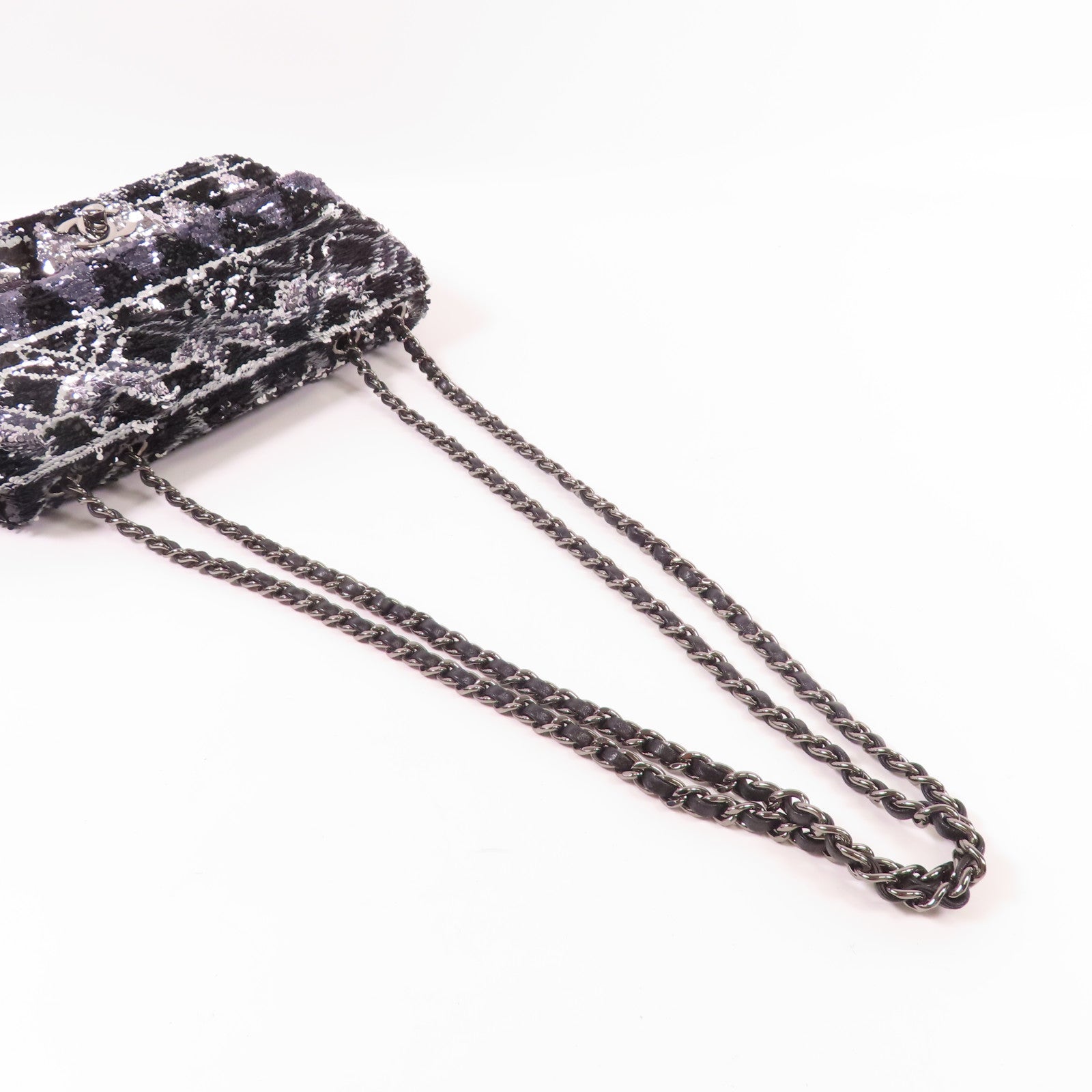 CHANEL 珠片Sequin Flag Bag銀扣鏈帶肩背袋
