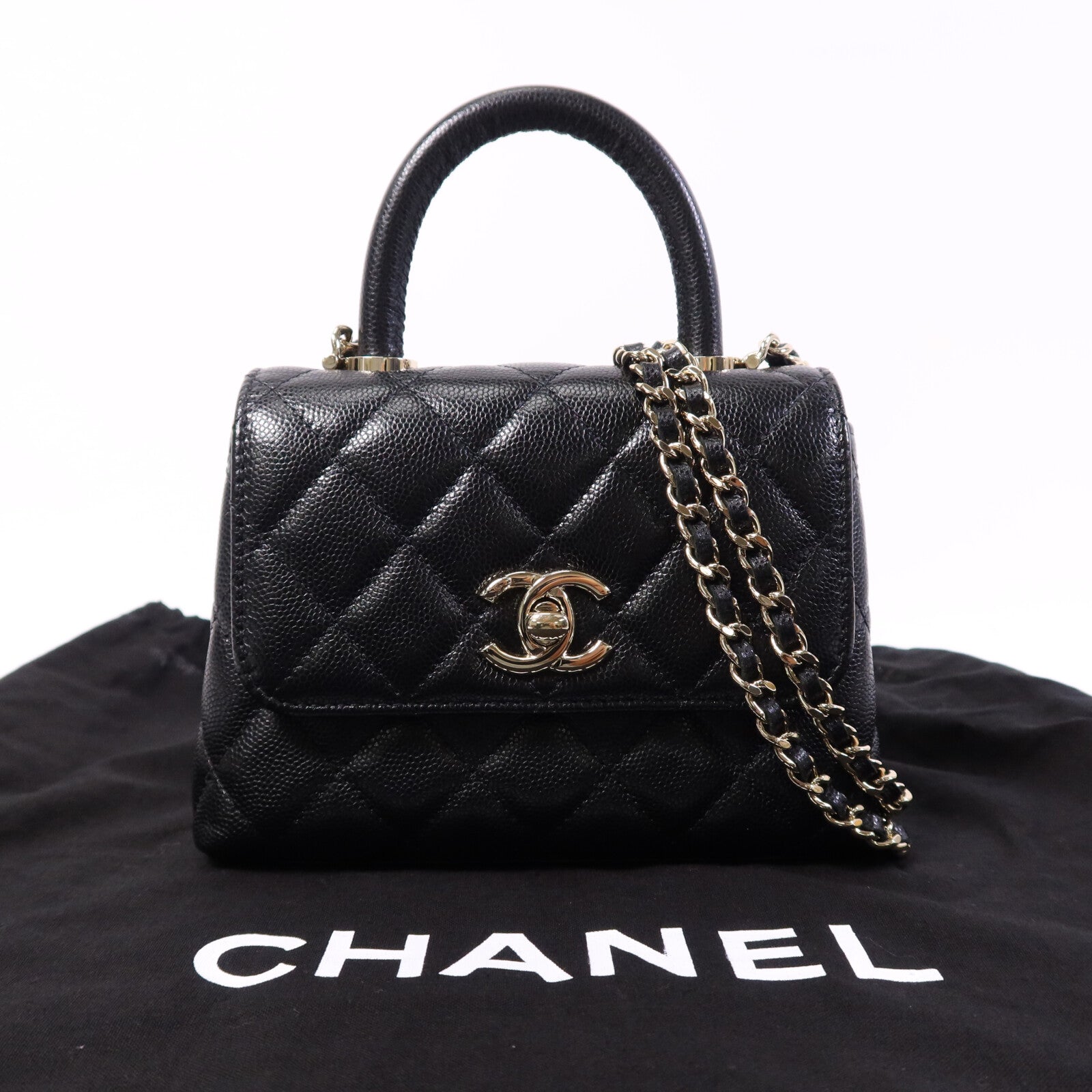 CHANEL 牛皮皮革Mirco Coco Handle金扣鏈帶手挽肩背兩用袋