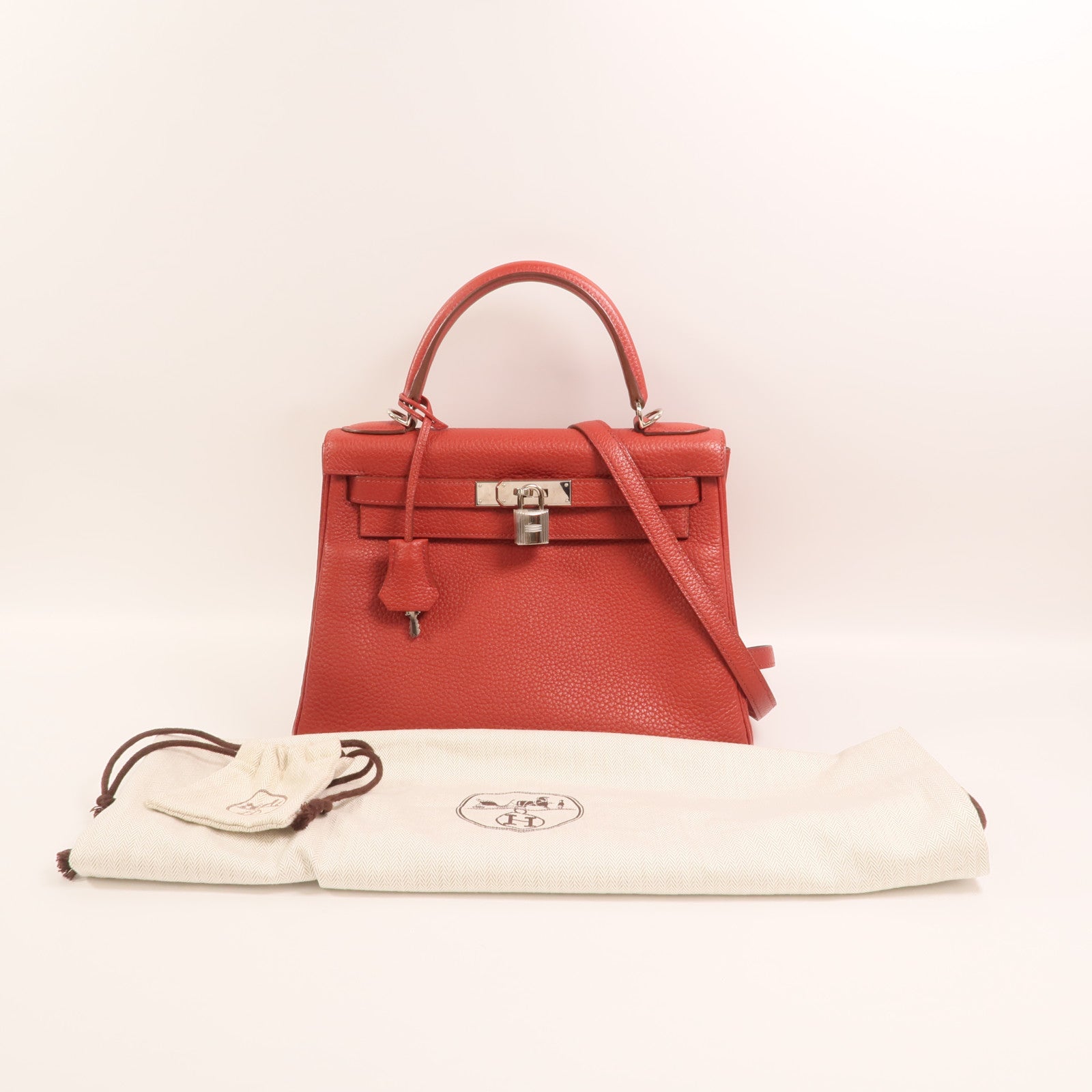 HERMES Togo皮革Kelly 28銀扣手挽肩背兩用袋Rouge Casaque