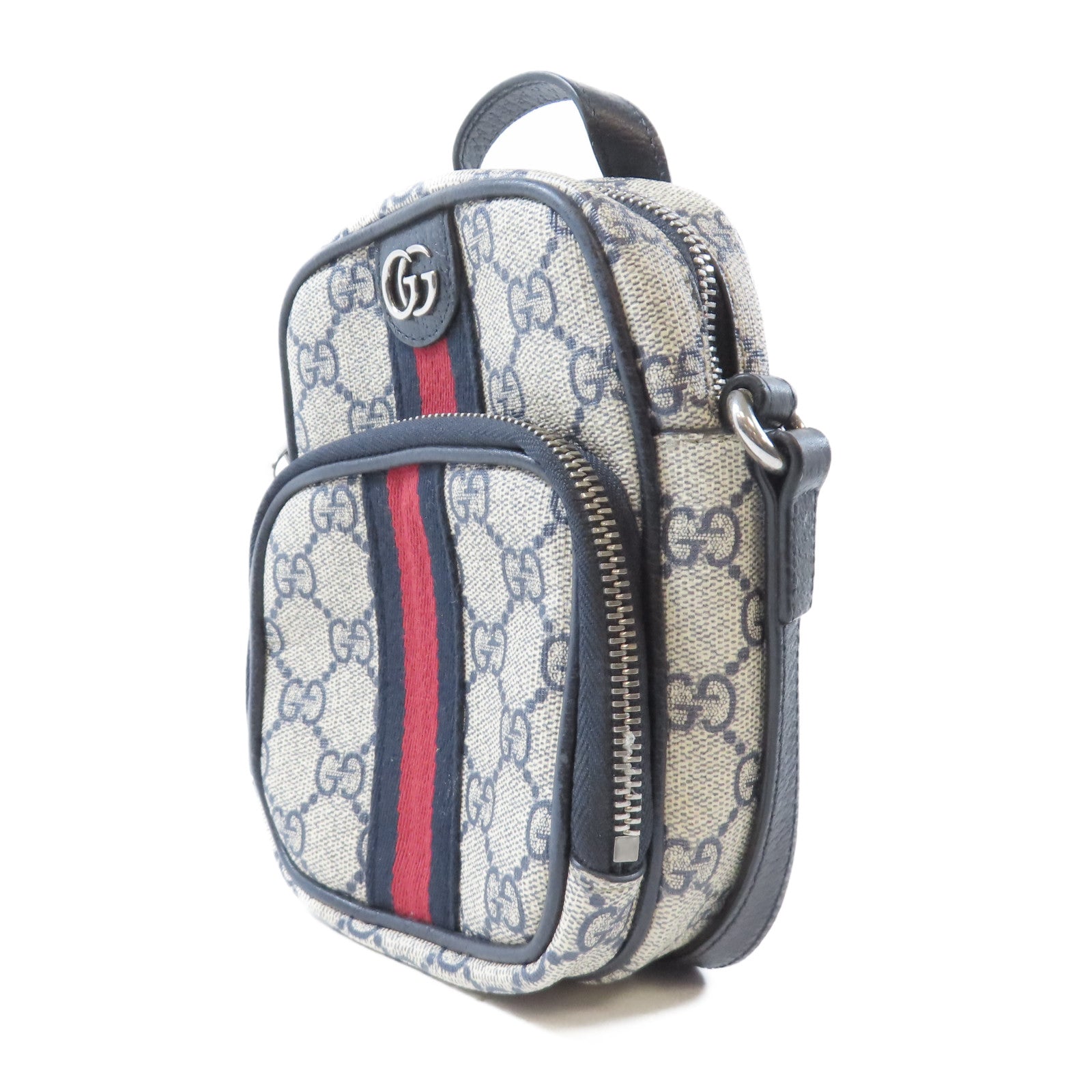 GUCCI 【激減優惠】塗層帆布Shoulder Bag銀扣手挽肩背兩用袋深藍色/米色