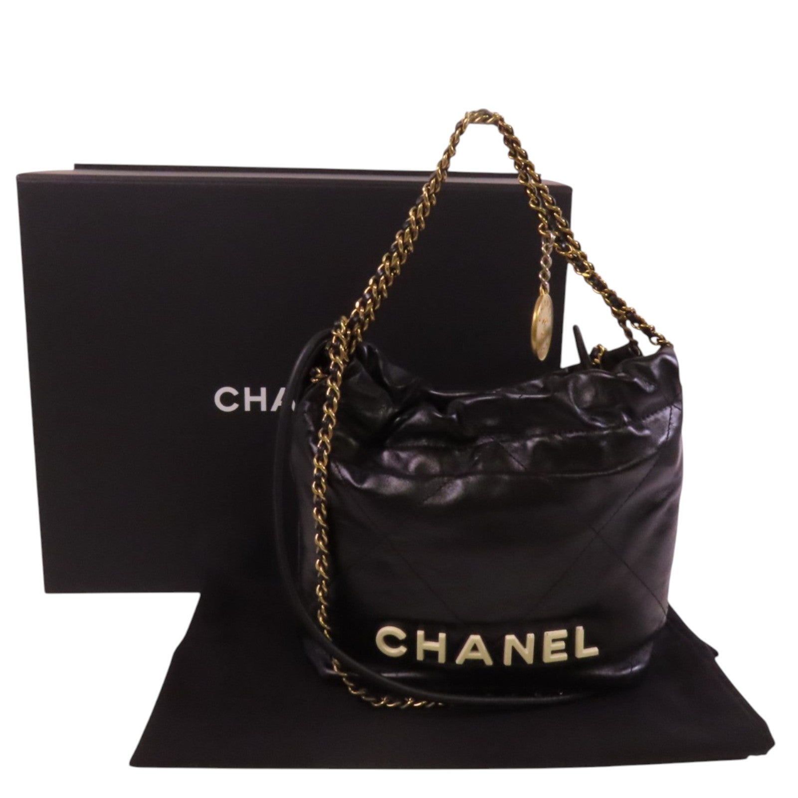 CHANEL 牛皮皮革Mini 22金扣鏈帶手挽肩背背兩用袋