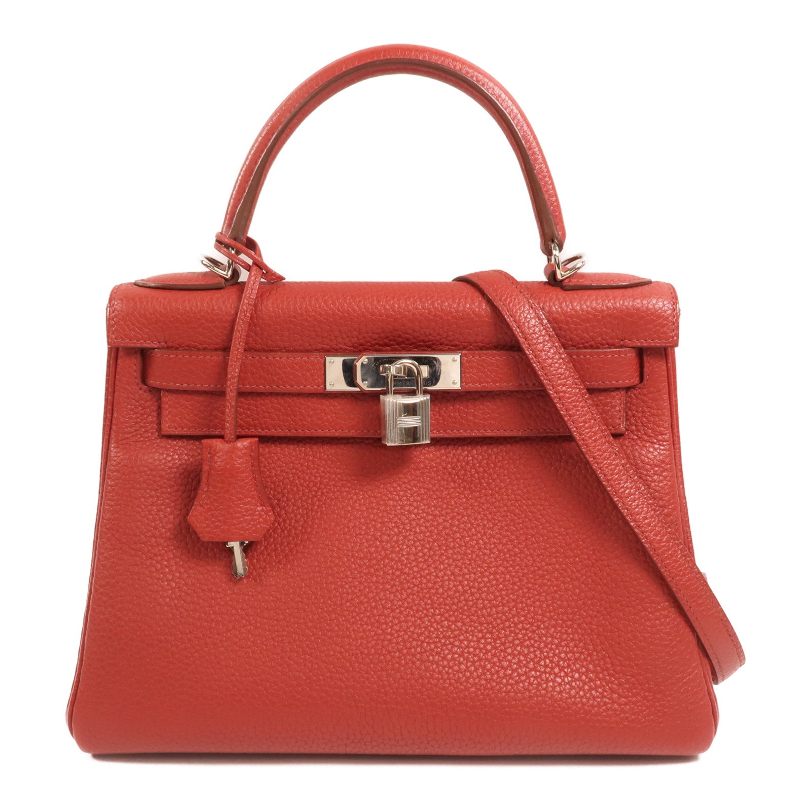 HERMES Togo皮革Kelly 28銀扣手挽肩背兩用袋Rouge Casaque