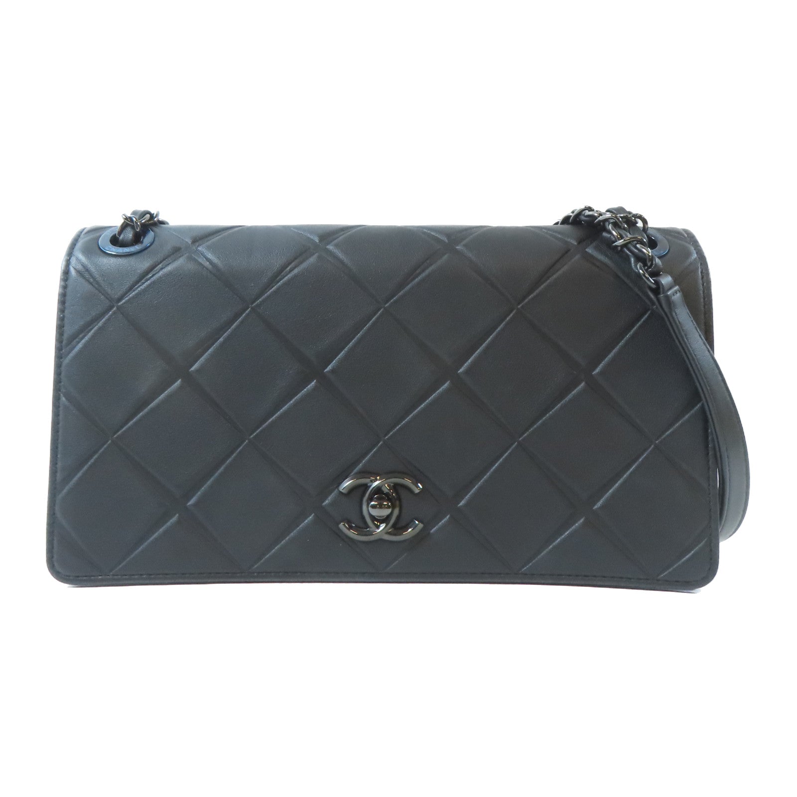 CHANEL 菱格牛皮皮革Chain Shoulder黑扣鏈帶肩背袋黑色