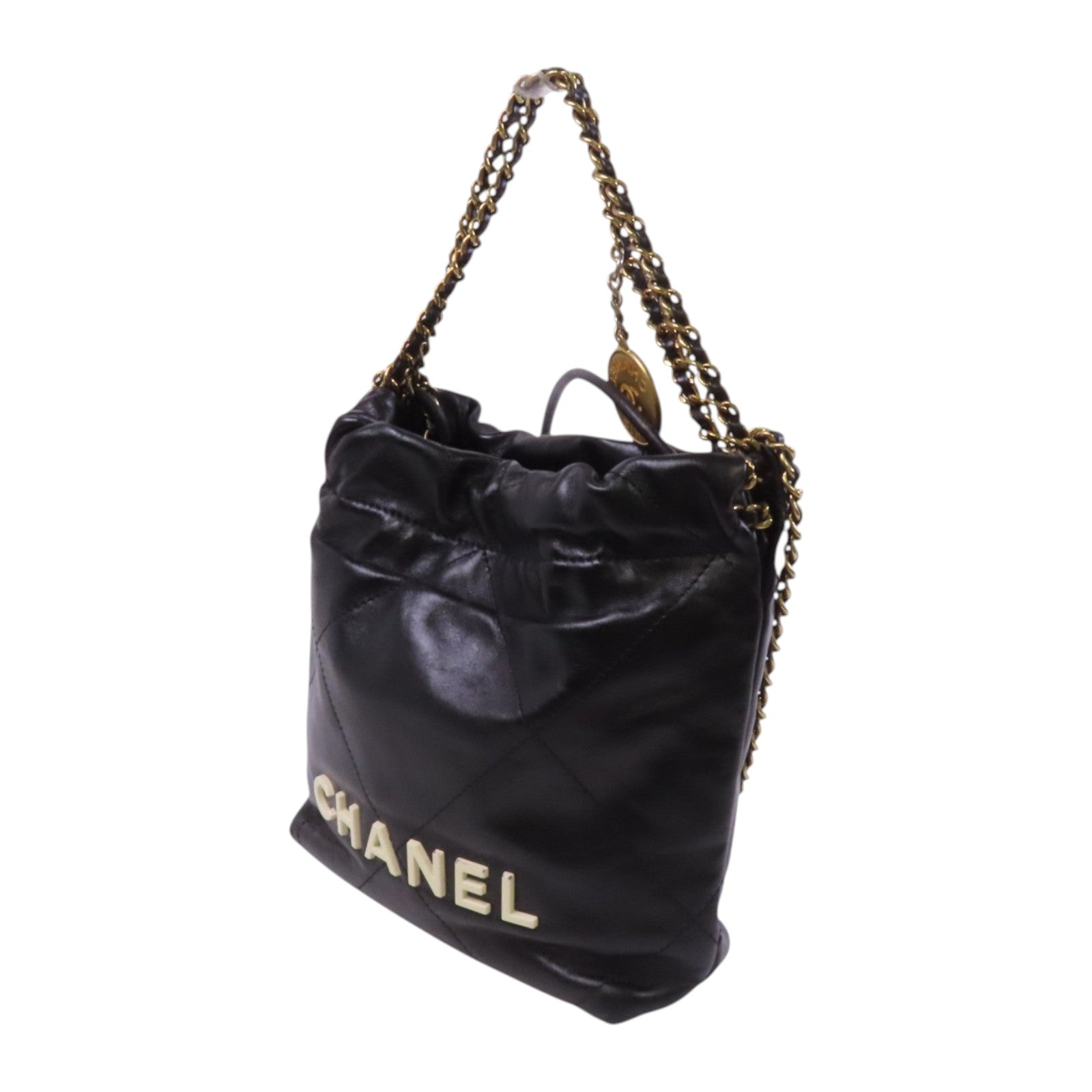 CHANEL 牛皮皮革Mini 22金扣鏈帶手挽肩背背兩用袋