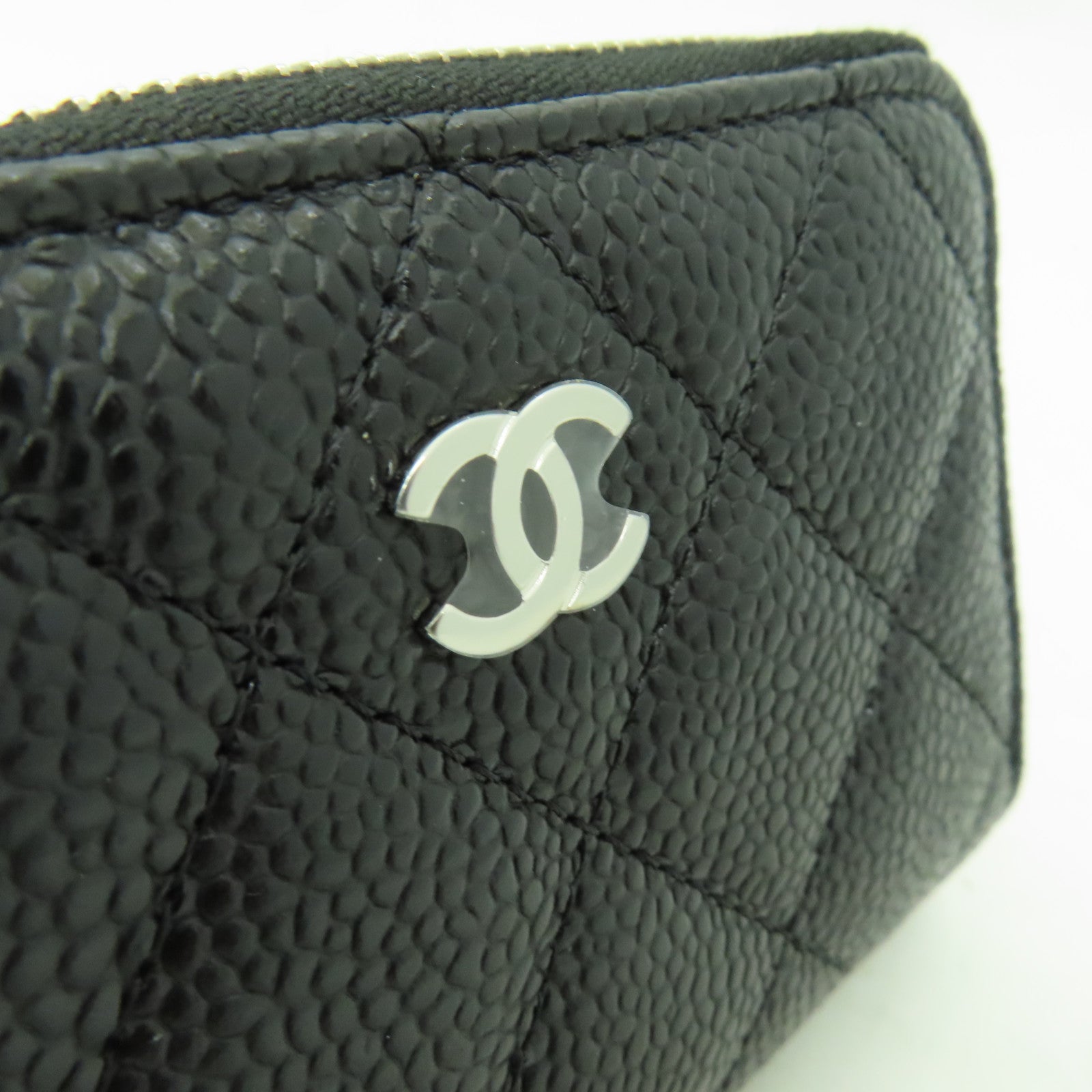 CHANEL 菱格Caviar皮革Coin Case銀扣零錢包黑色