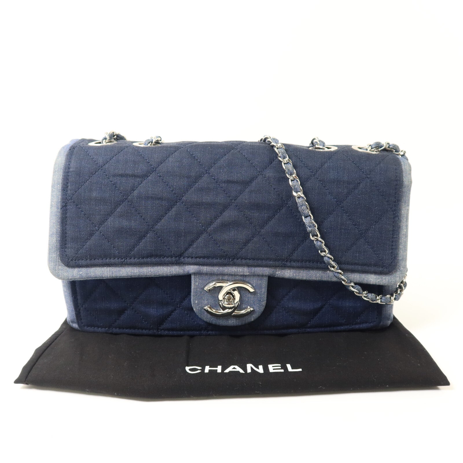 CHANEL 牛仔布Flag Bag鏈帶手挽肩背兩用袋
