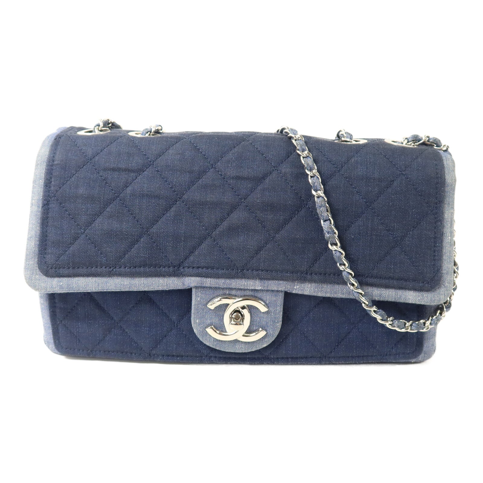 CHANEL 牛仔布Flag Bag鏈帶手挽肩背兩用袋