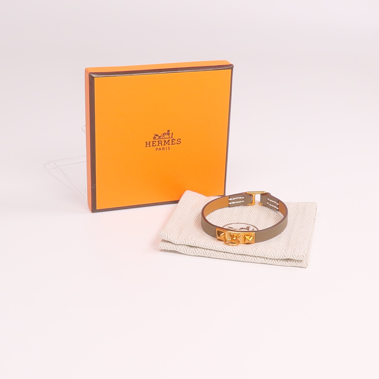 HERMES Swift皮革Rivale Mini Bracelet金扣手帶Etoupe