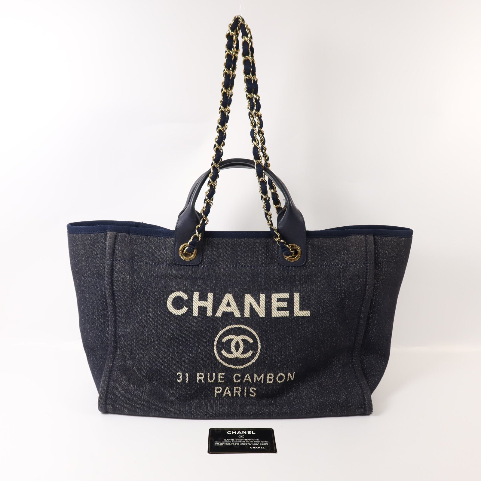 CHANEL 牛仔布Deauville Tote鏈帶手挽肩背兩用袋